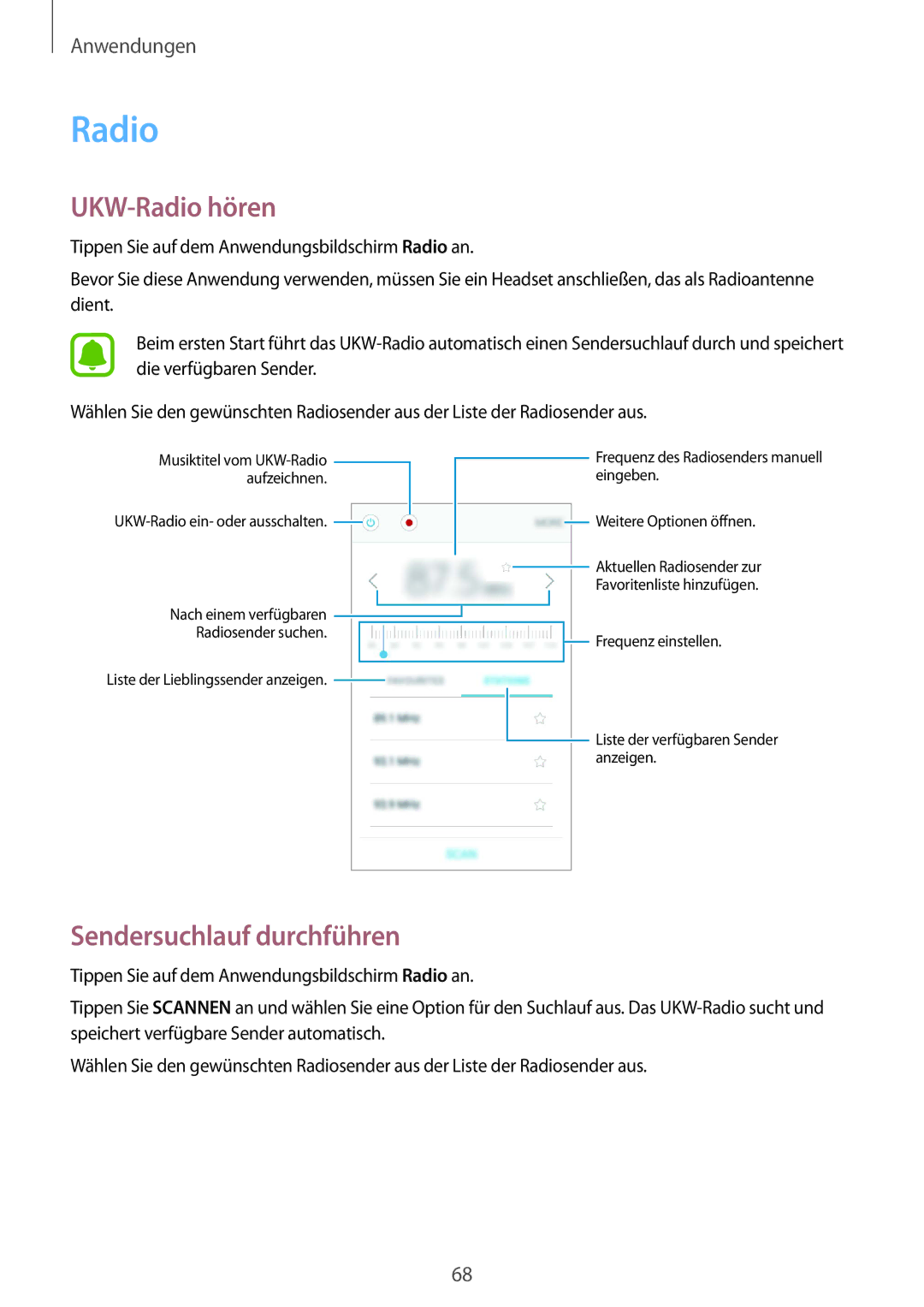 Samsung SM-G389FDSADBT manual UKW-Radio hören, Sendersuchlauf durchführen 