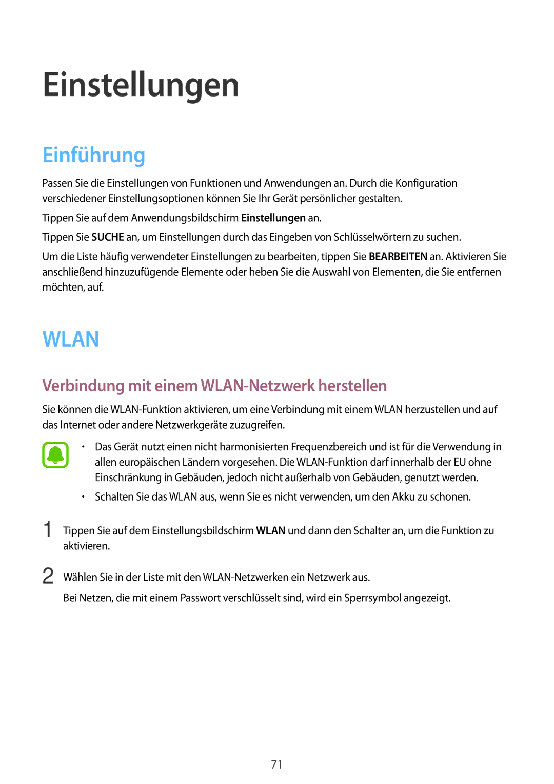 Samsung SM-G389FDSADBT manual Einführung, Verbindung mit einem WLAN-Netzwerk herstellen 