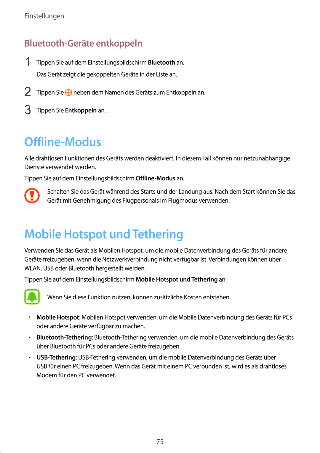 Samsung SM-G389FDSADBT manual Offline-Modus, Mobile Hotspot und Tethering, Bluetooth-Geräte entkoppeln 