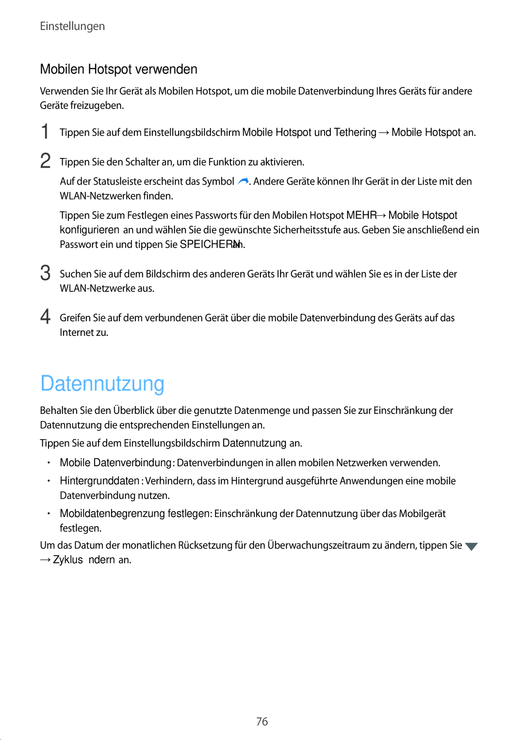 Samsung SM-G389FDSADBT manual Datennutzung, Mobilen Hotspot verwenden 