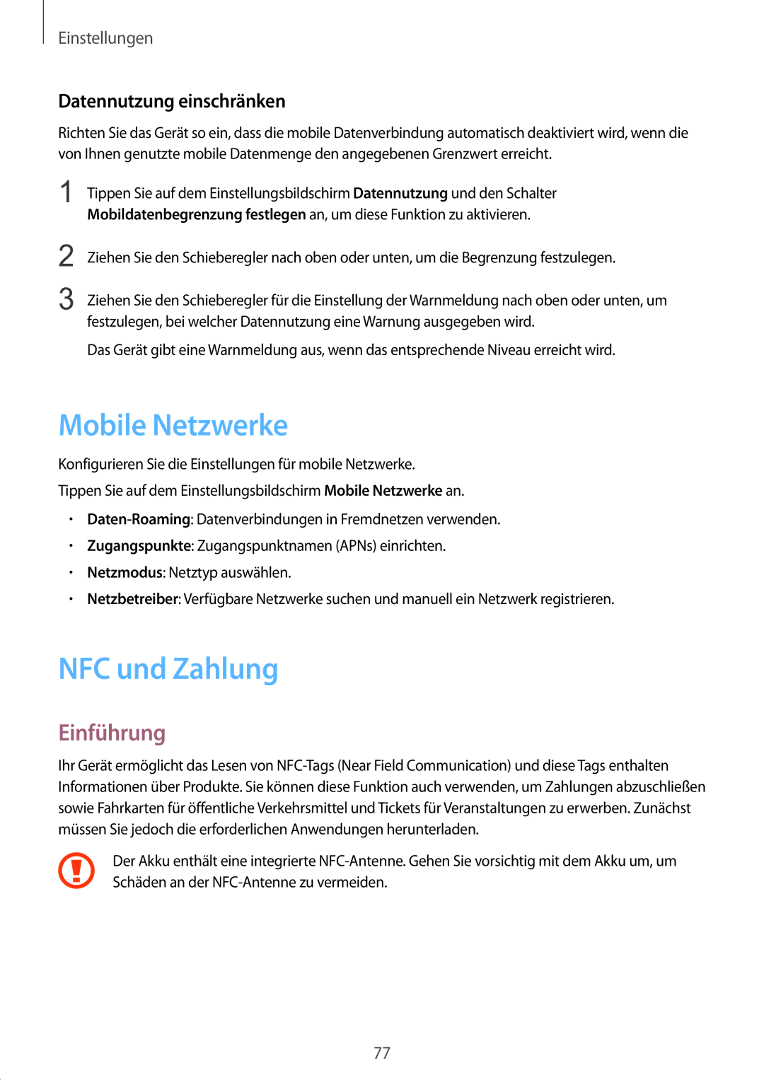 Samsung SM-G389FDSADBT manual Mobile Netzwerke, NFC und Zahlung, Datennutzung einschränken 