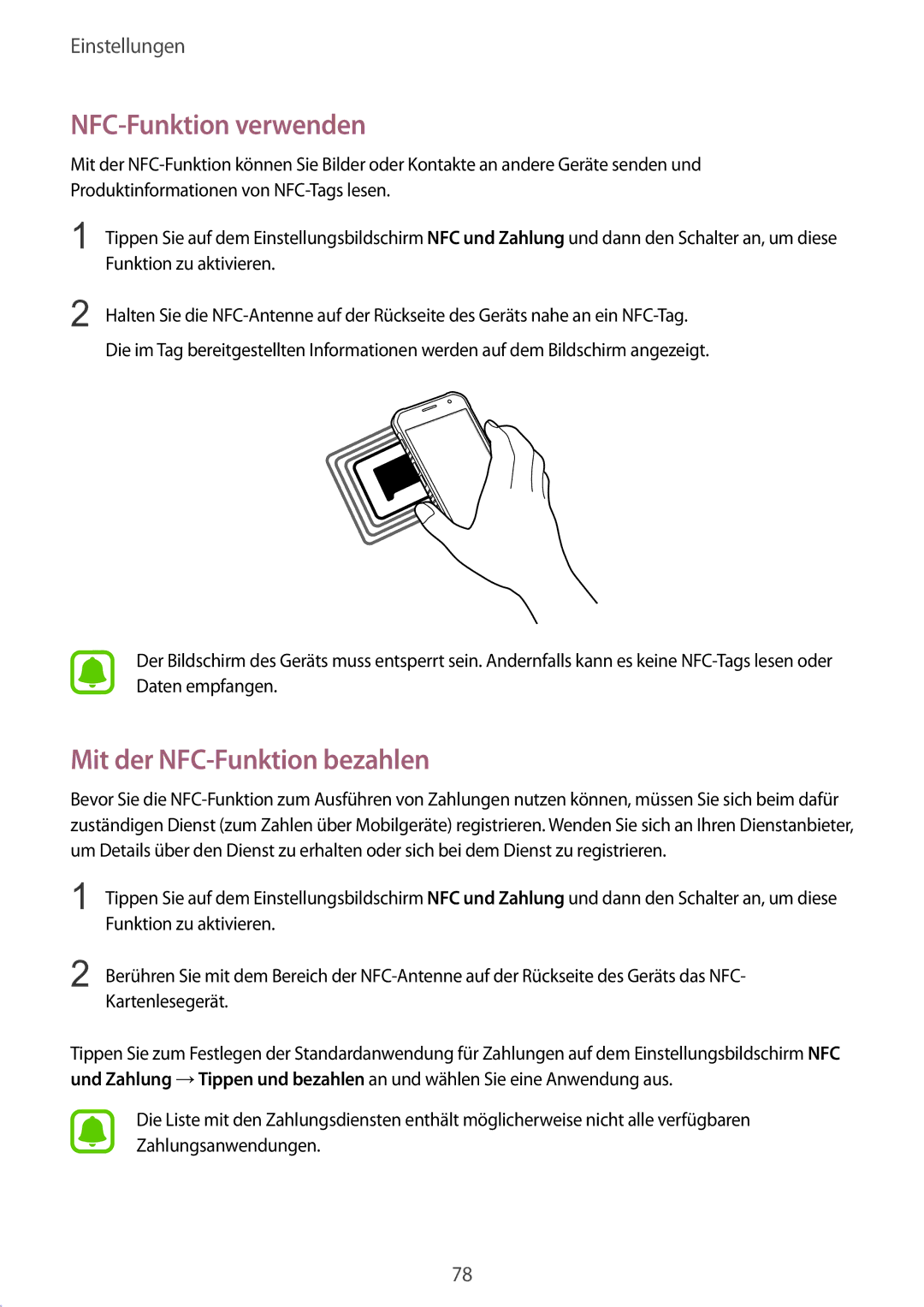 Samsung SM-G389FDSADBT manual NFC-Funktion verwenden, Mit der NFC-Funktion bezahlen 