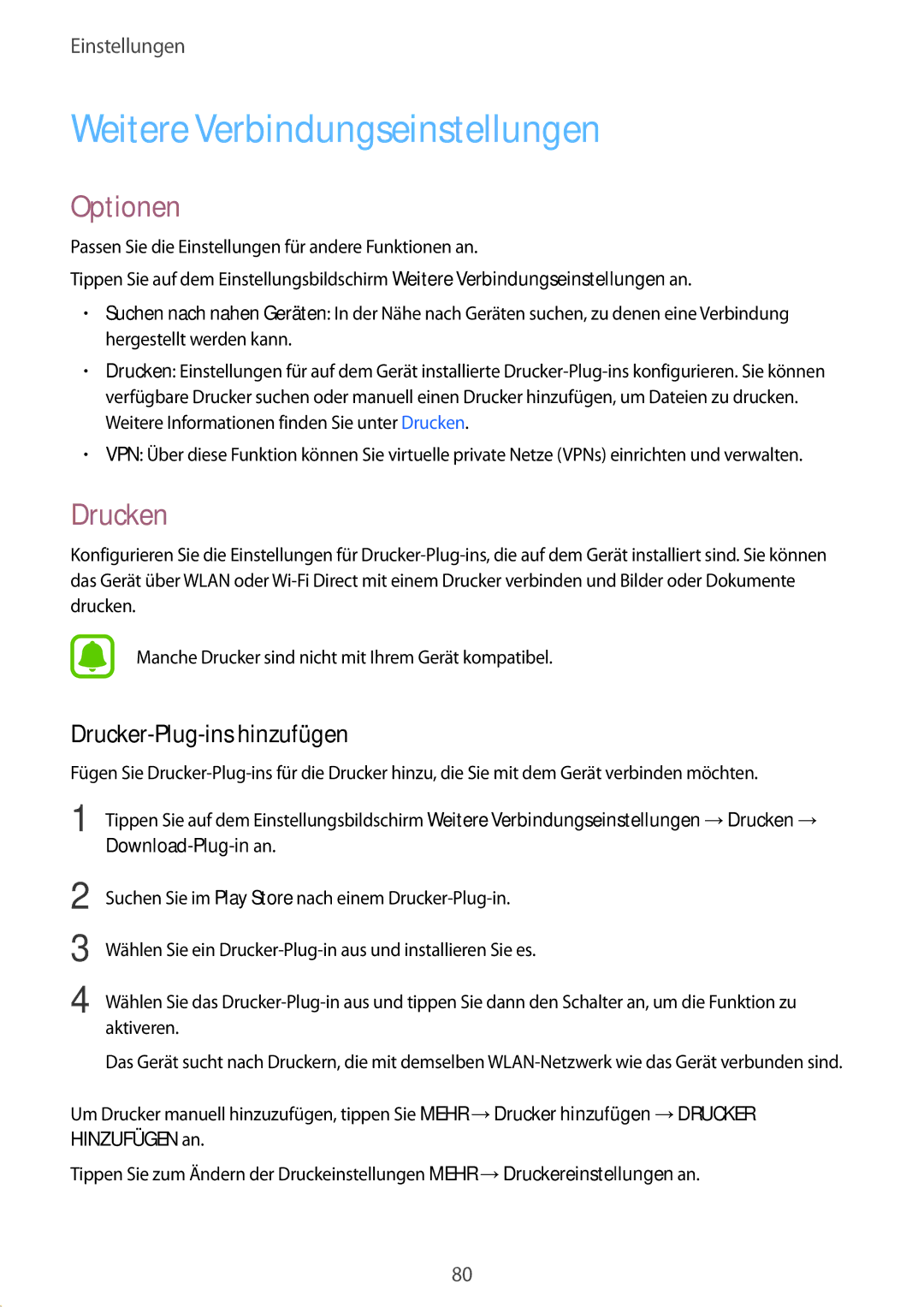 Samsung SM-G389FDSADBT manual Weitere Verbindungseinstellungen, Optionen, Drucken, Drucker-Plug-ins hinzufügen 