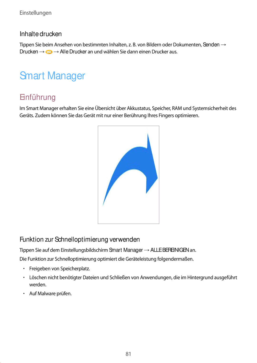 Samsung SM-G389FDSADBT manual Smart Manager, Inhalte drucken, Funktion zur Schnelloptimierung verwenden 