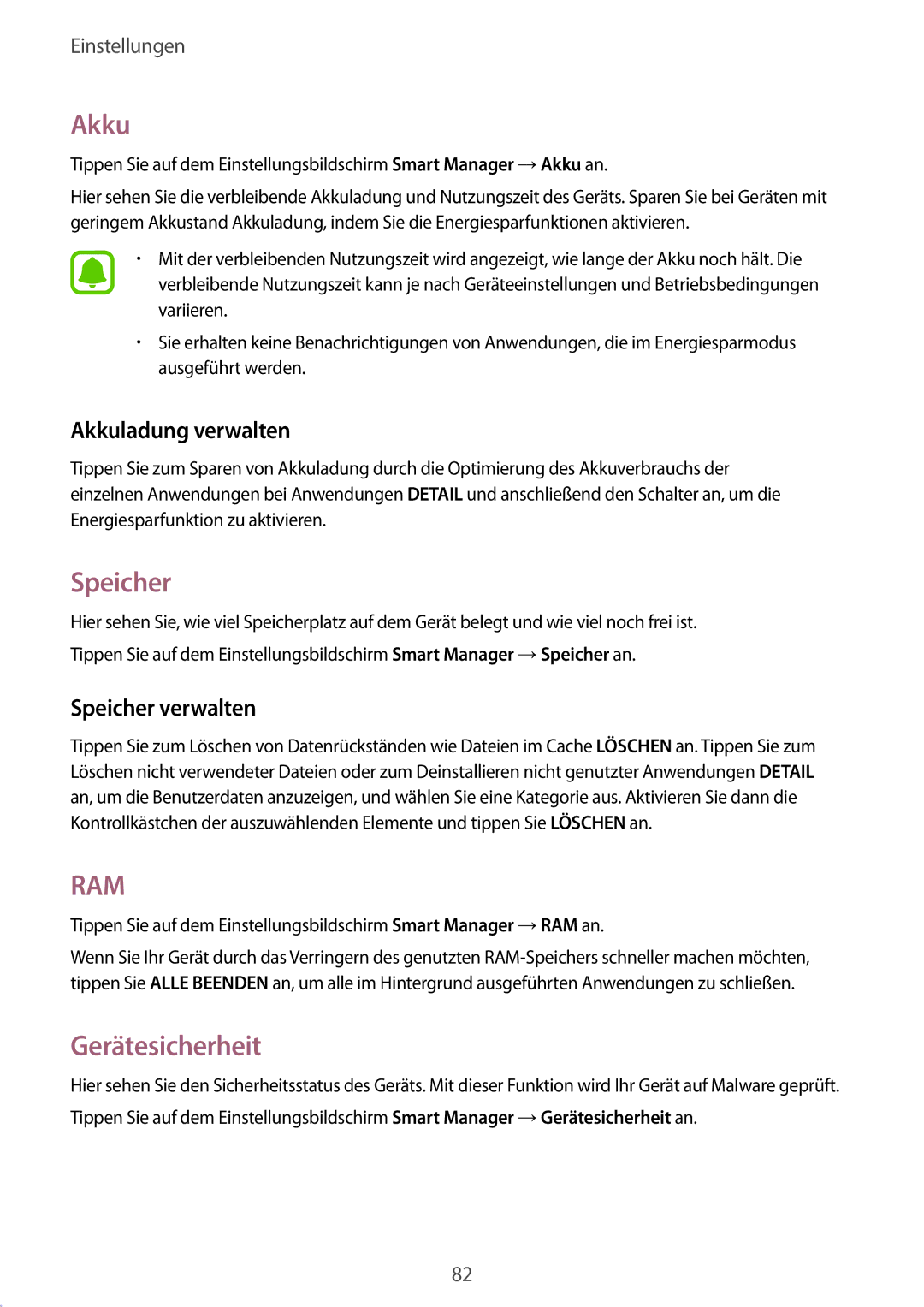 Samsung SM-G389FDSADBT manual Gerätesicherheit, Akkuladung verwalten, Speicher verwalten 