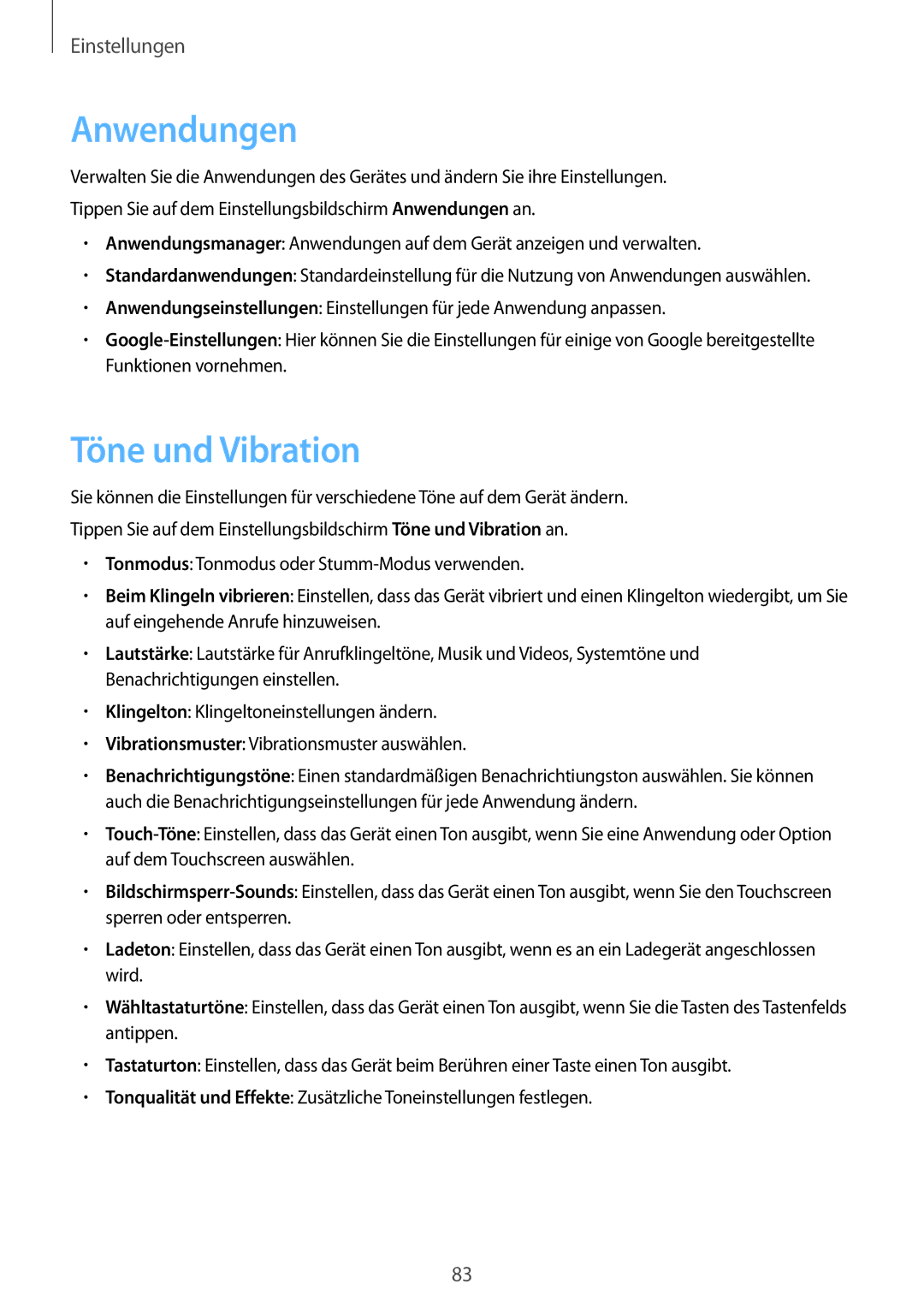 Samsung SM-G389FDSADBT manual Anwendungen, Töne und Vibration 