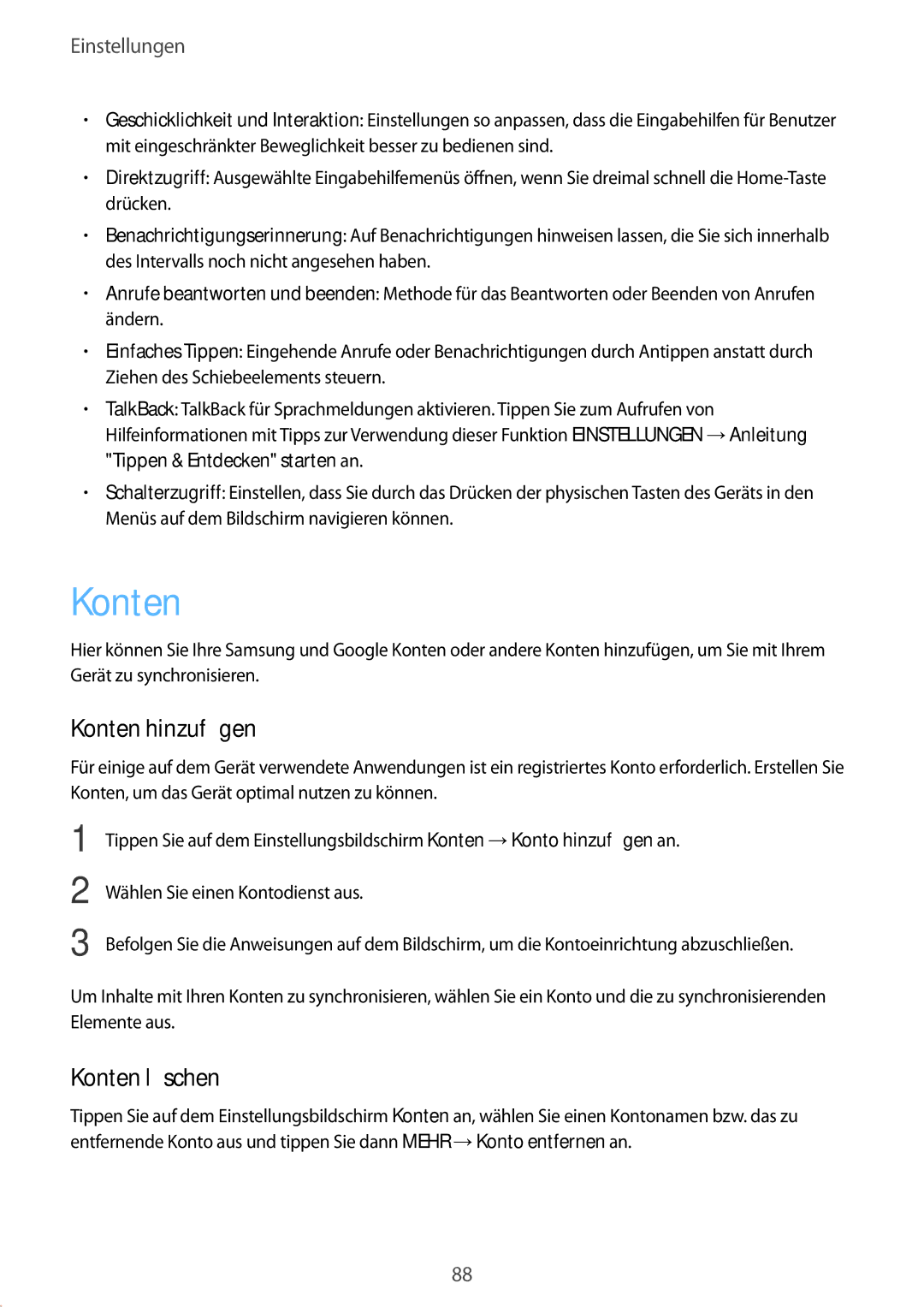 Samsung SM-G389FDSADBT manual Konten hinzufügen, Konten löschen 