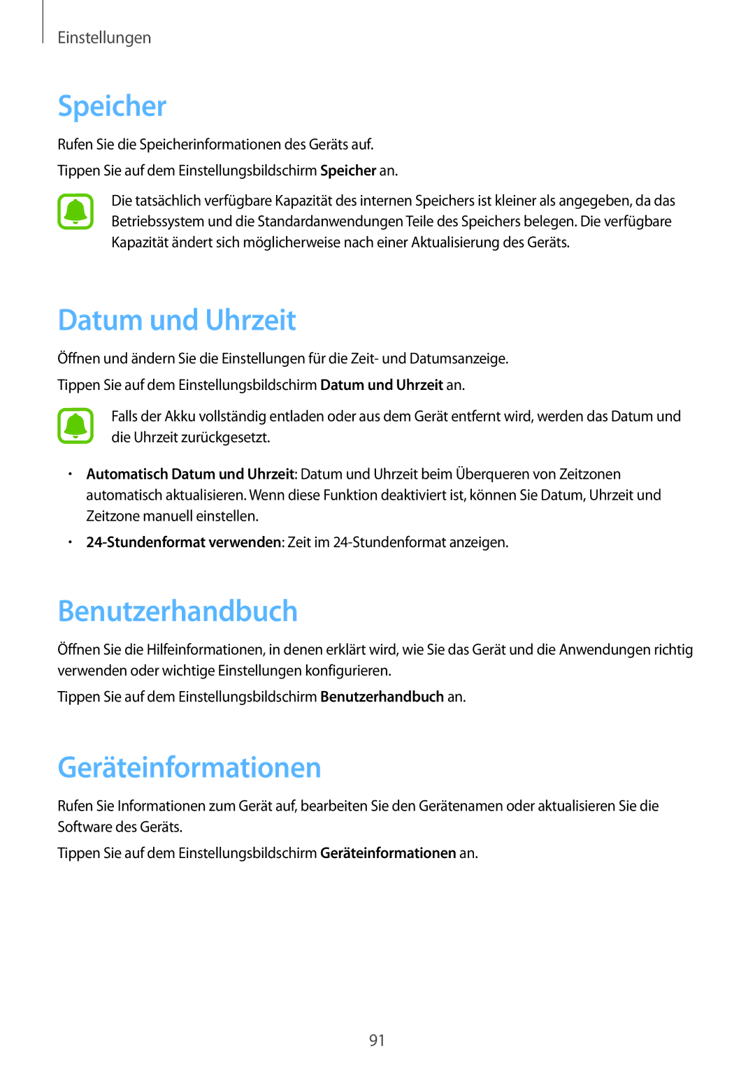 Samsung SM-G389FDSADBT manual Speicher, Datum und Uhrzeit, Benutzerhandbuch, Geräteinformationen 