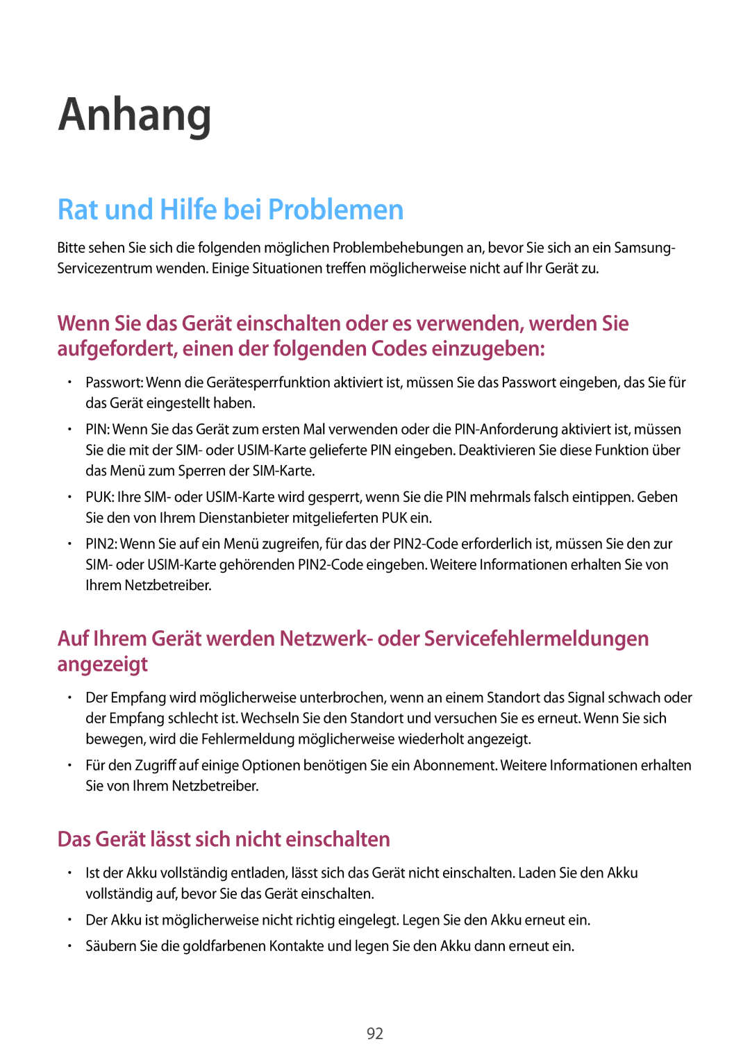 Samsung SM-G389FDSADBT manual Anhang, Rat und Hilfe bei Problemen 