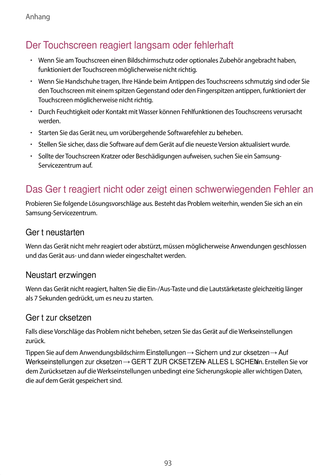 Samsung SM-G389FDSADBT manual Gerät neustarten, Neustart erzwingen, Gerät zurücksetzen 