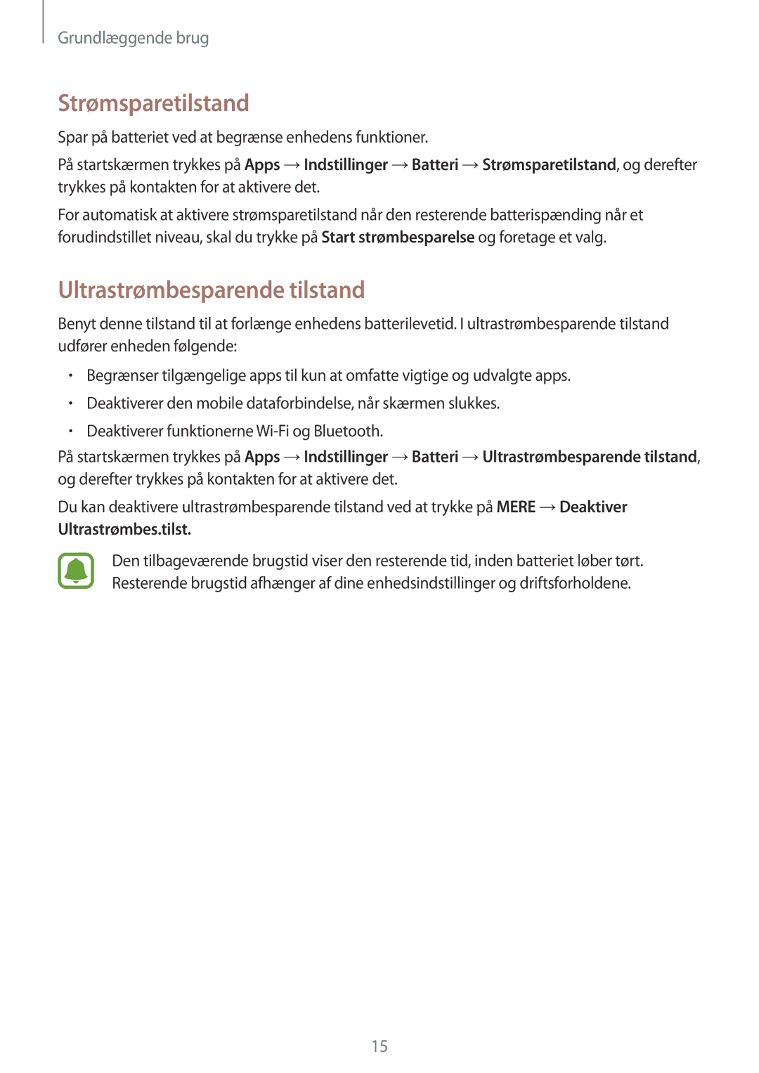 Samsung SM-G389FDSANEE manual Strømsparetilstand, Ultrastrømbesparende tilstand 