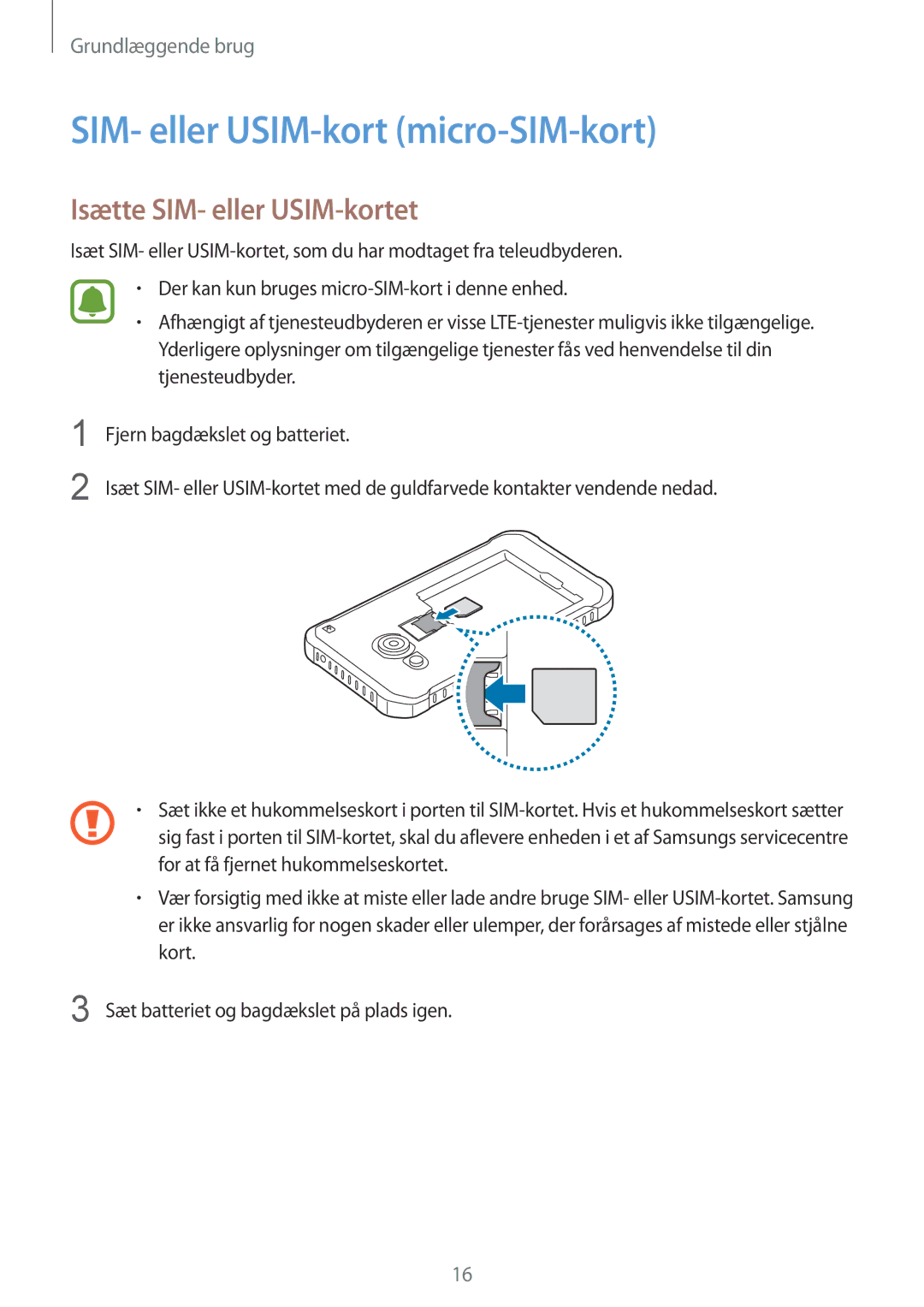 Samsung SM-G389FDSANEE manual SIM- eller USIM-kort micro-SIM-kort, Isætte SIM- eller USIM-kortet 