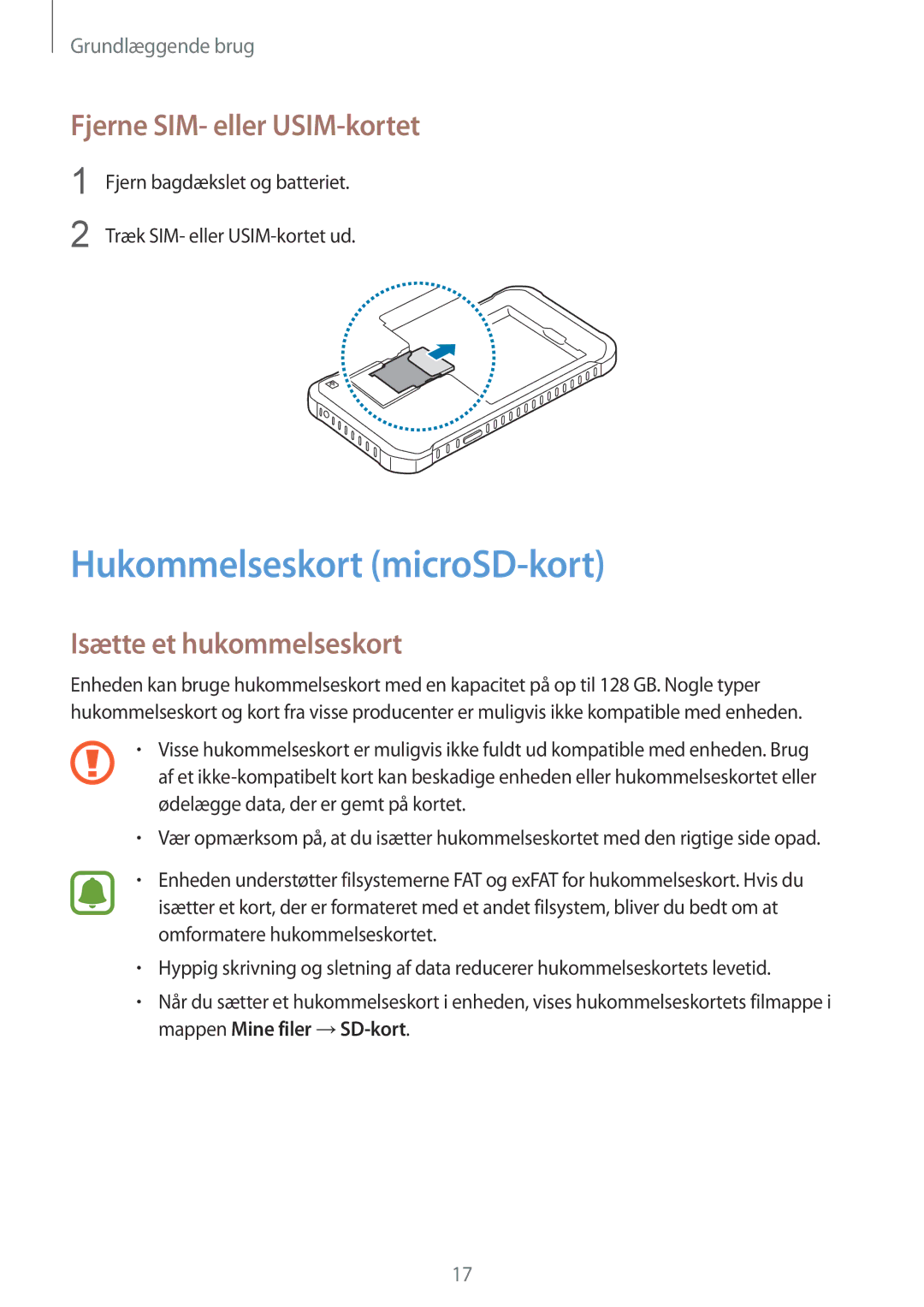 Samsung SM-G389FDSANEE manual Hukommelseskort microSD-kort, Fjerne SIM- eller USIM-kortet, Isætte et hukommelseskort 