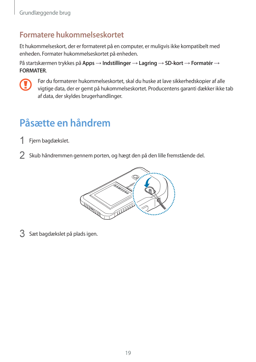 Samsung SM-G389FDSANEE manual Påsætte en håndrem, Formatere hukommelseskortet 