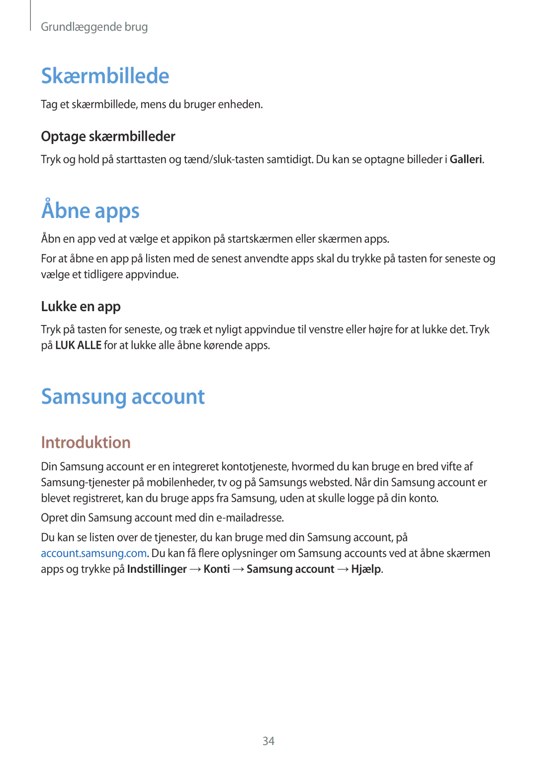 Samsung SM-G389FDSANEE manual Skærmbillede, Åbne apps, Samsung account, Introduktion 