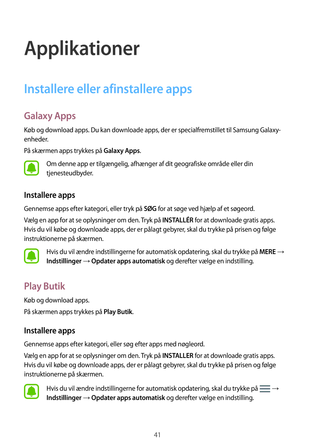 Samsung SM-G389FDSANEE manual Installere eller afinstallere apps, Galaxy Apps, Play Butik, Installere apps 