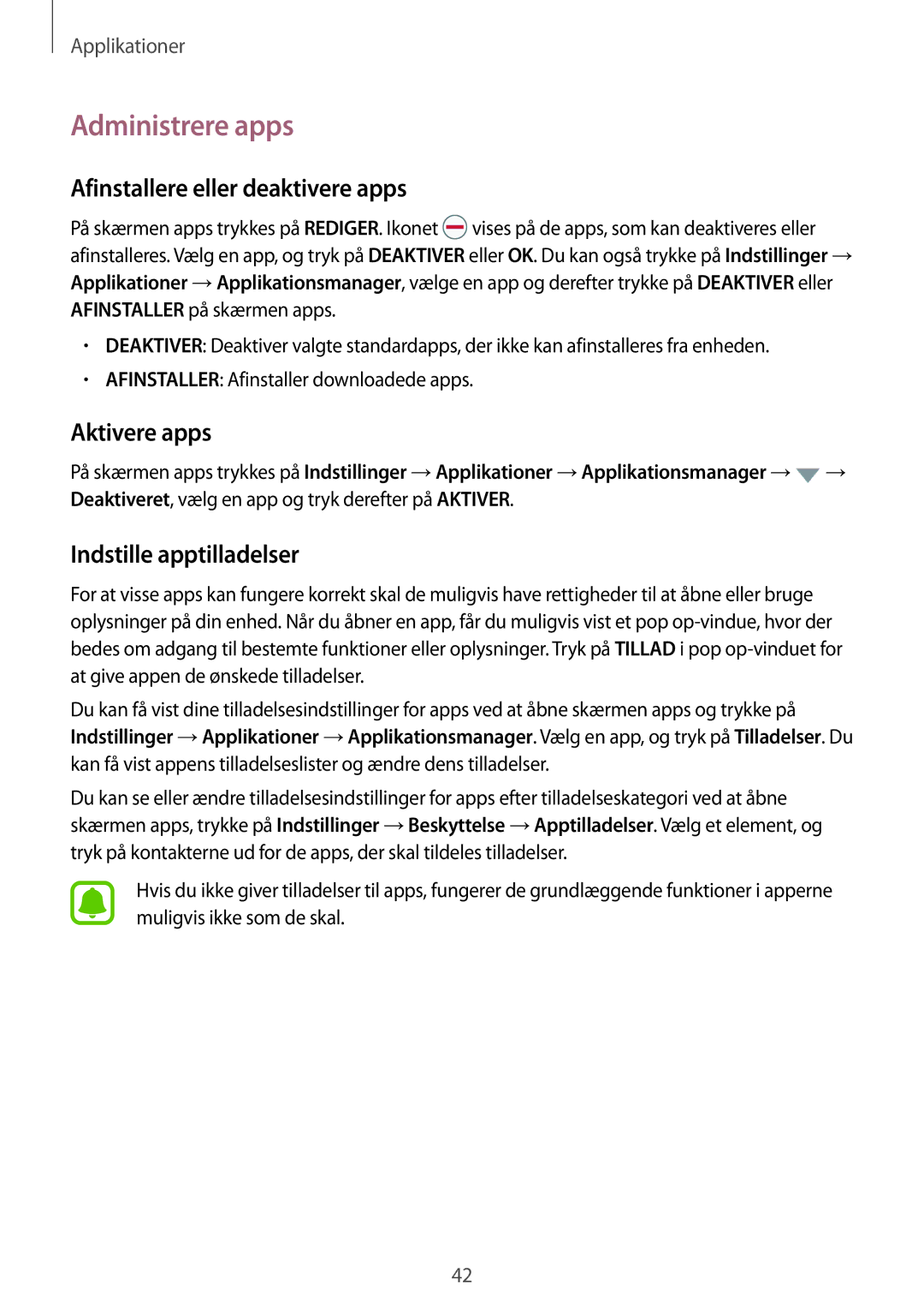 Samsung SM-G389FDSANEE Administrere apps, Afinstallere eller deaktivere apps, Aktivere apps, Indstille apptilladelser 