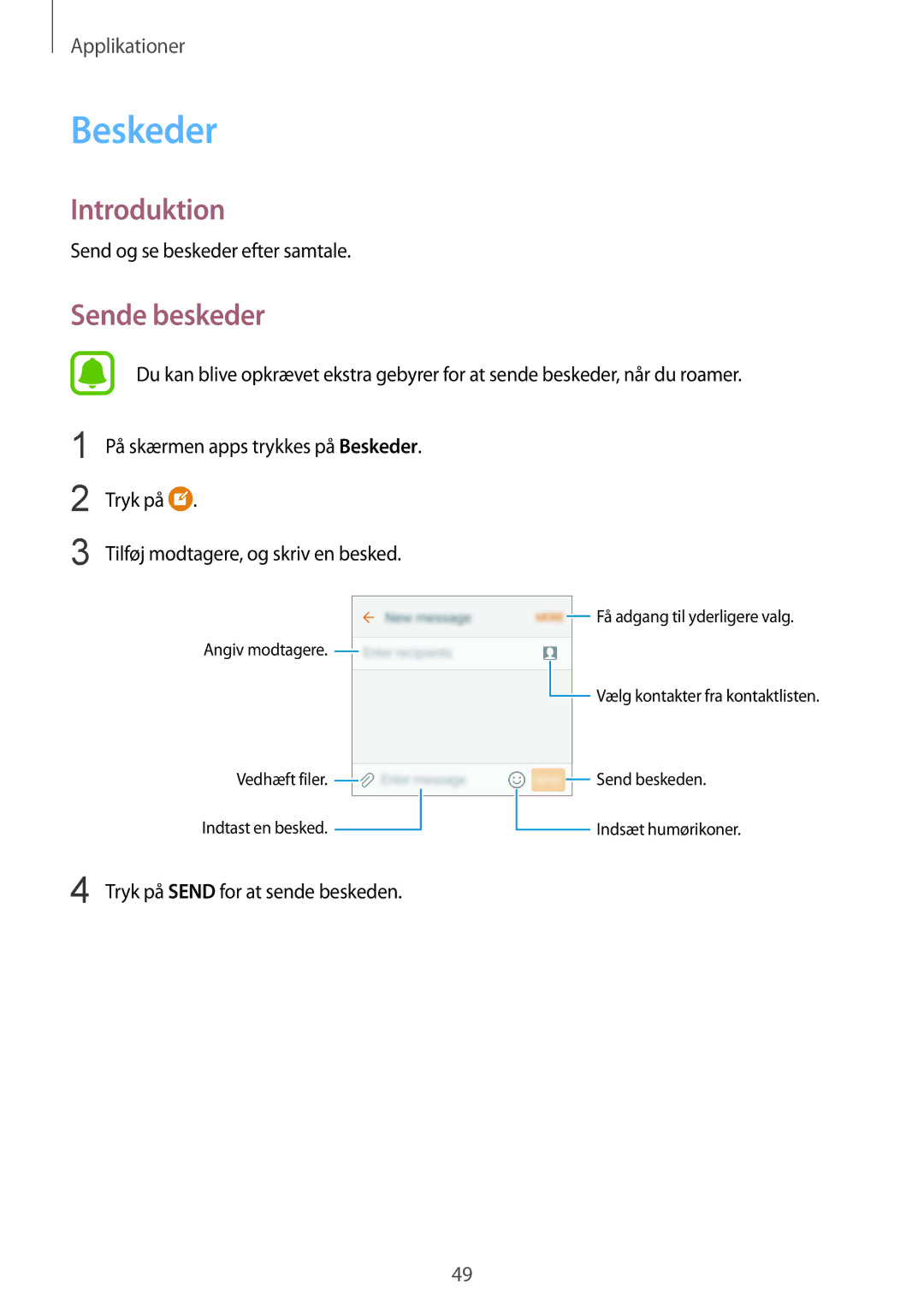 Samsung SM-G389FDSANEE Beskeder, Sende beskeder, Send og se beskeder efter samtale, Tryk på Send for at sende beskeden 