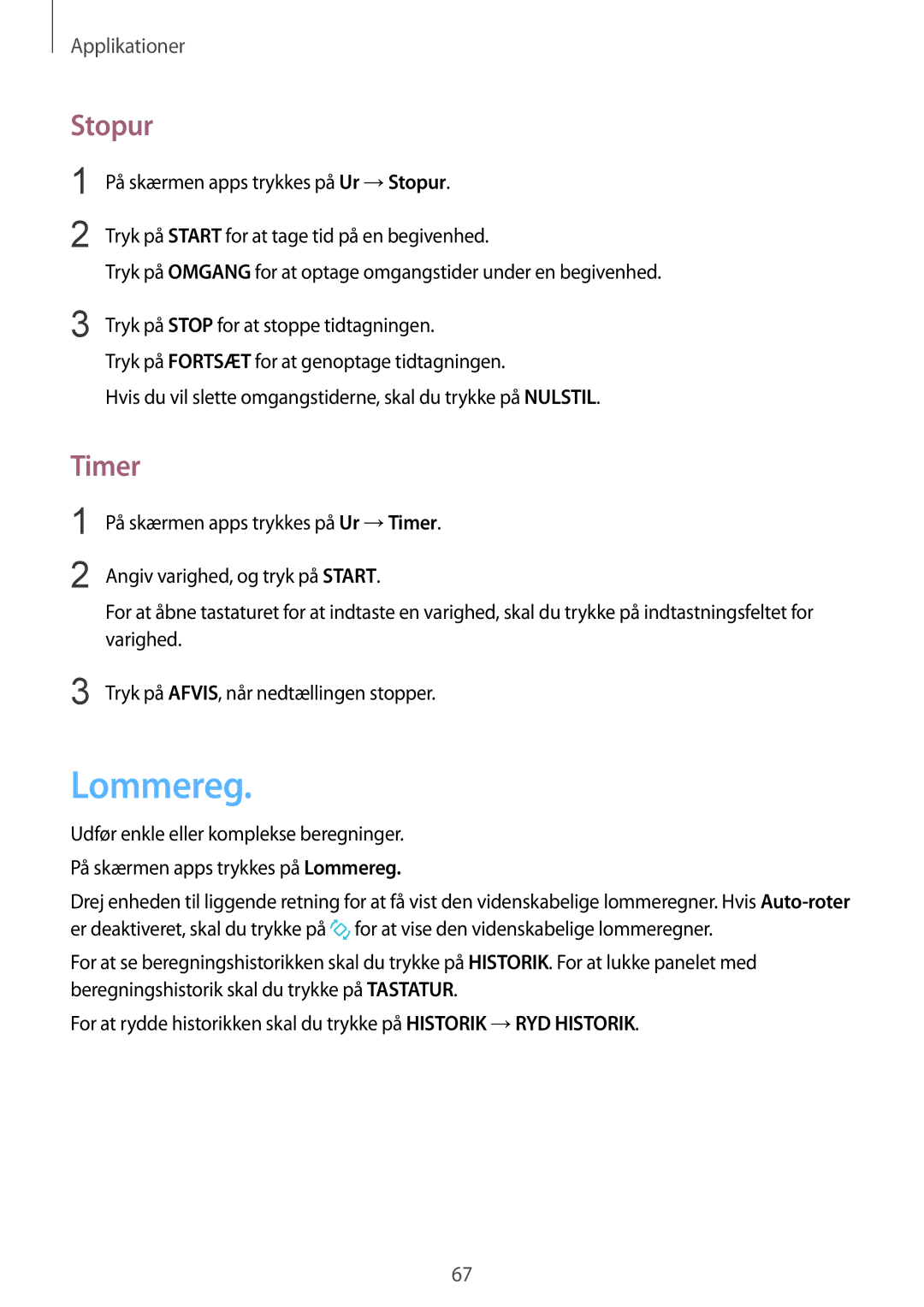 Samsung SM-G389FDSANEE manual Lommereg, Stopur, Timer 