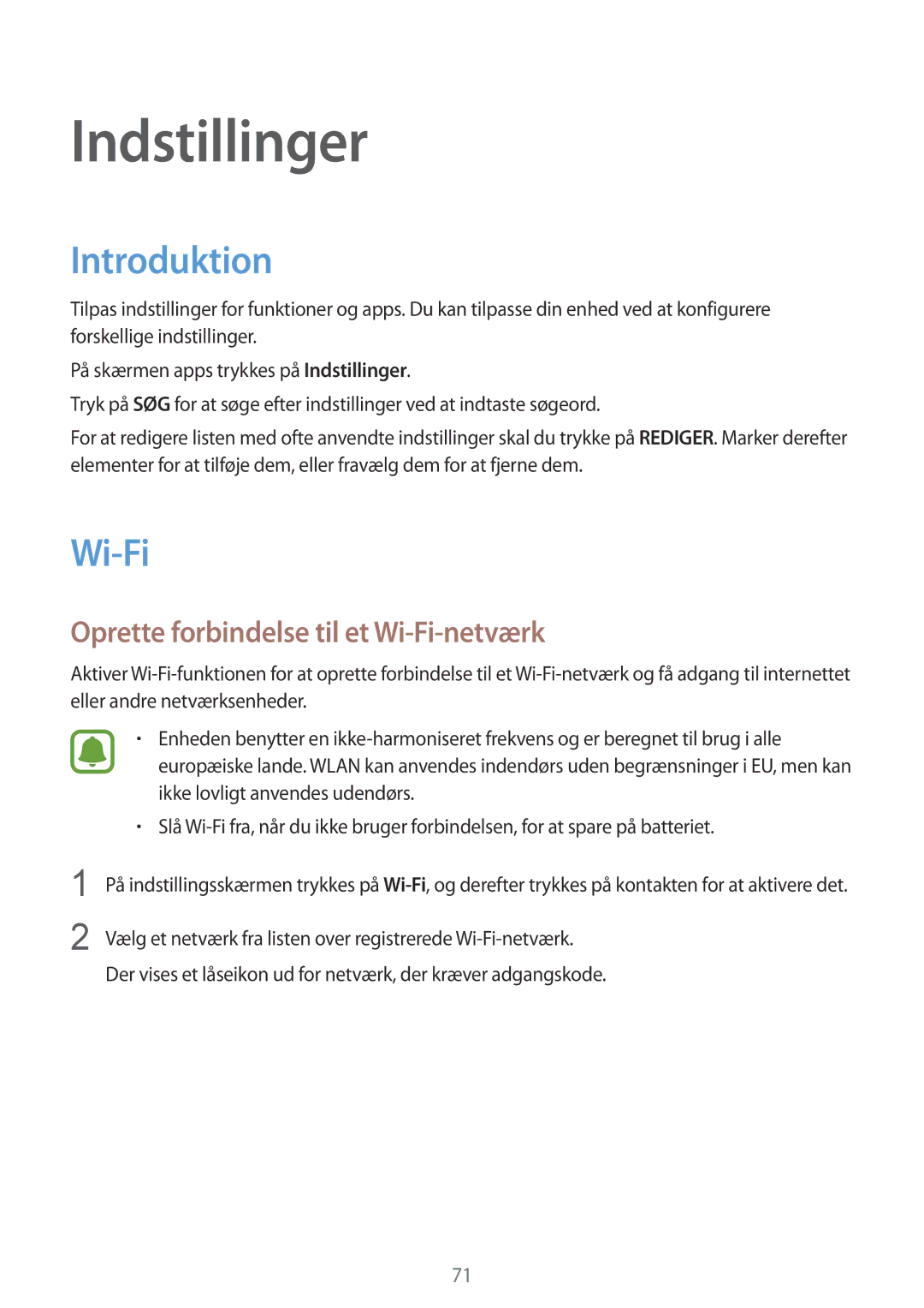 Samsung SM-G389FDSANEE manual Introduktion, Oprette forbindelse til et Wi-Fi-netværk 