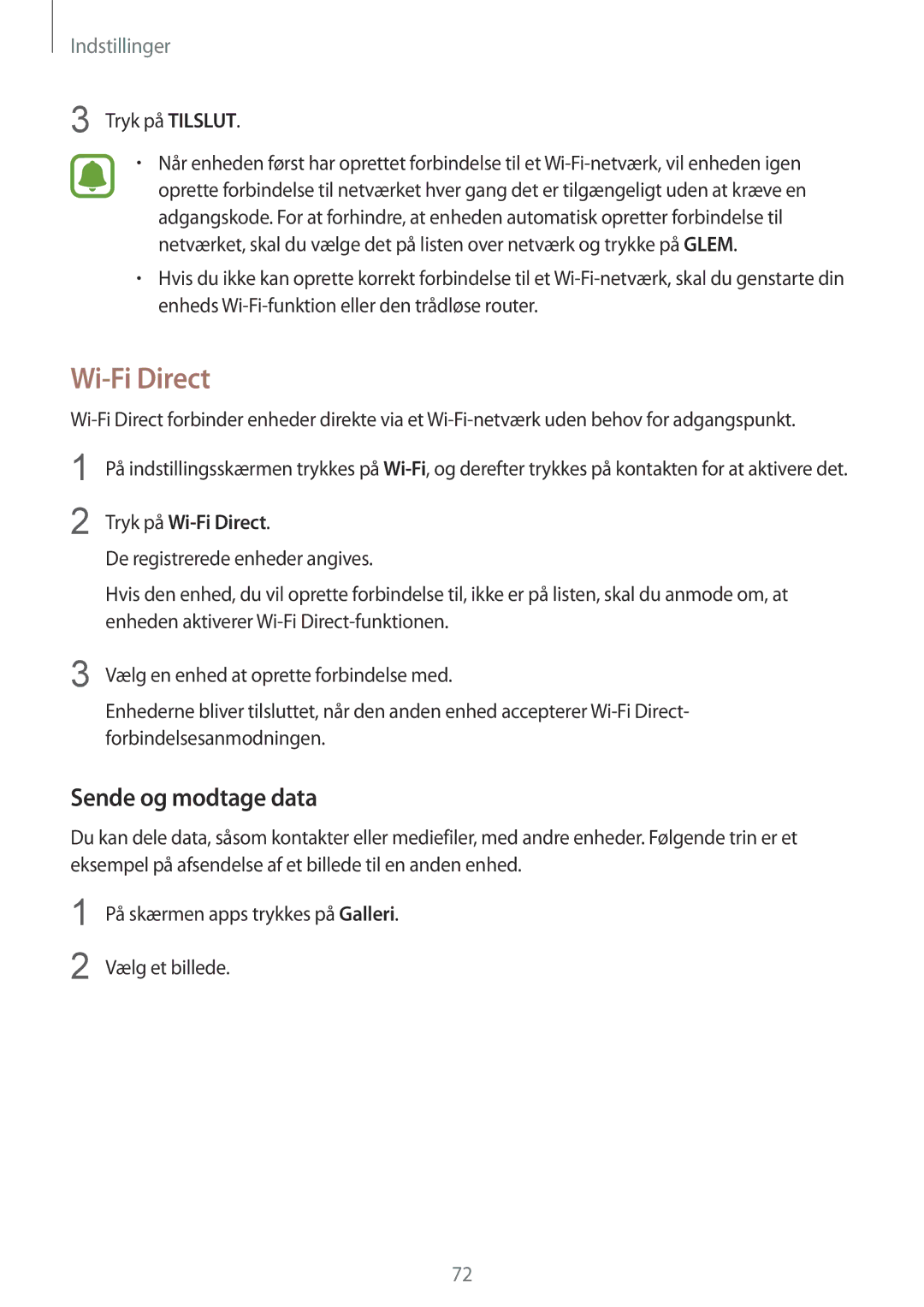 Samsung SM-G389FDSANEE manual Wi-Fi Direct, Sende og modtage data, Tryk på Tilslut 