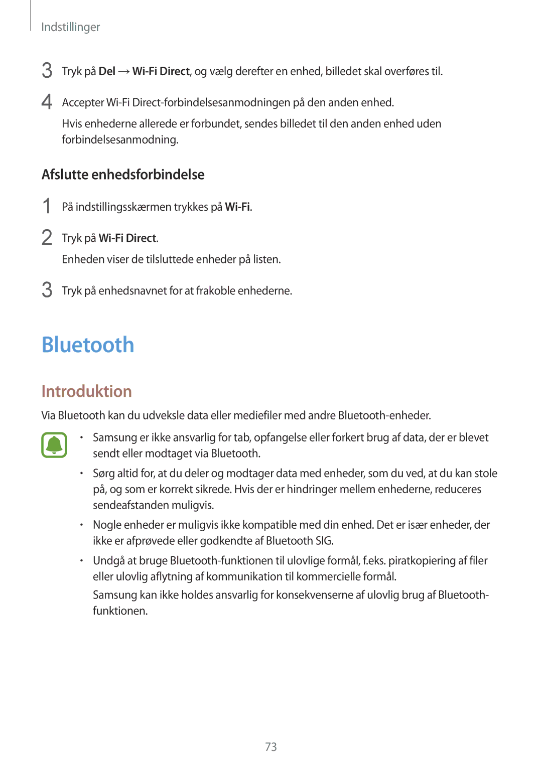 Samsung SM-G389FDSANEE manual Bluetooth, Afslutte enhedsforbindelse, På indstillingsskærmen trykkes på Wi-Fi 