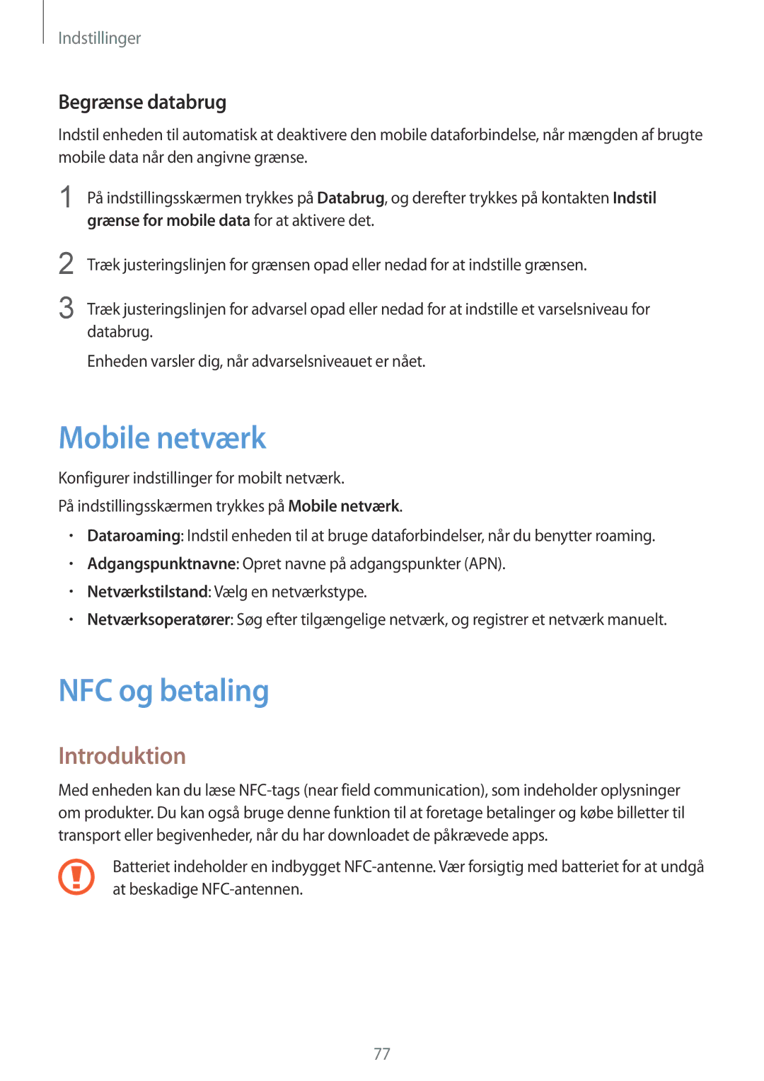 Samsung SM-G389FDSANEE manual Mobile netværk, NFC og betaling, Begrænse databrug 