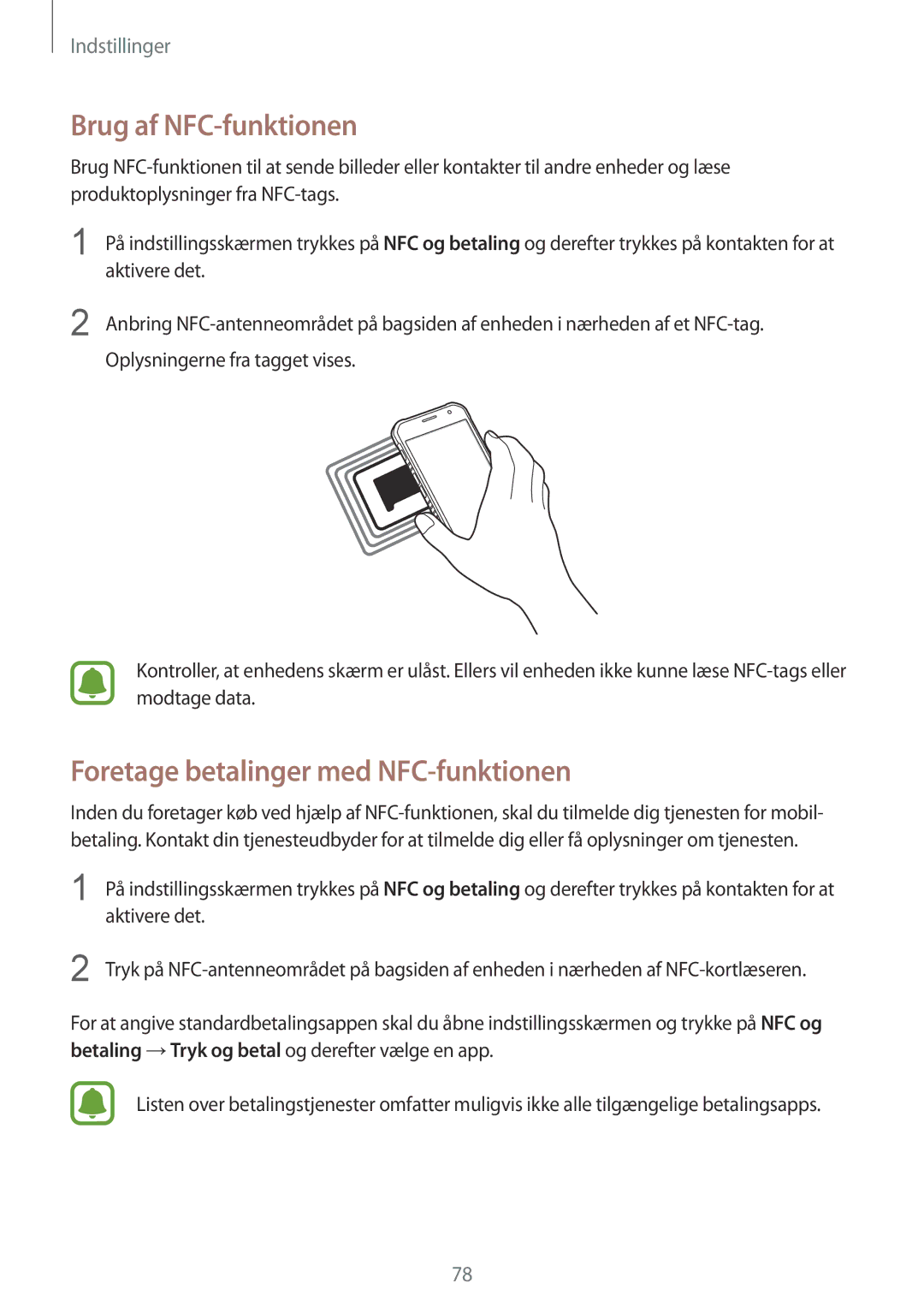 Samsung SM-G389FDSANEE manual Brug af NFC-funktionen, Foretage betalinger med NFC-funktionen 