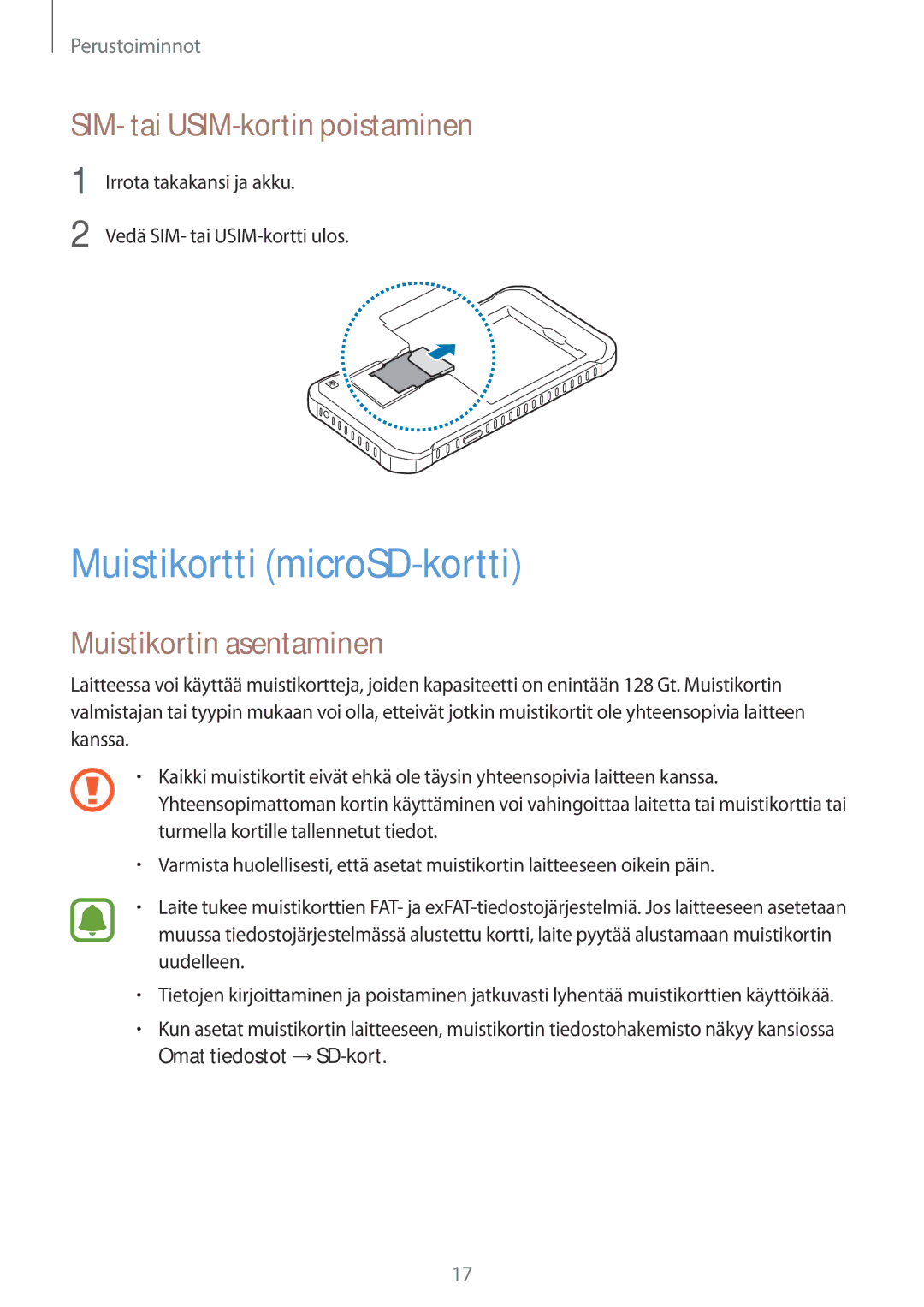 Samsung SM-G389FDSANEE manual Muistikortti microSD-kortti, SIM- tai USIM-kortin poistaminen, Muistikortin asentaminen 