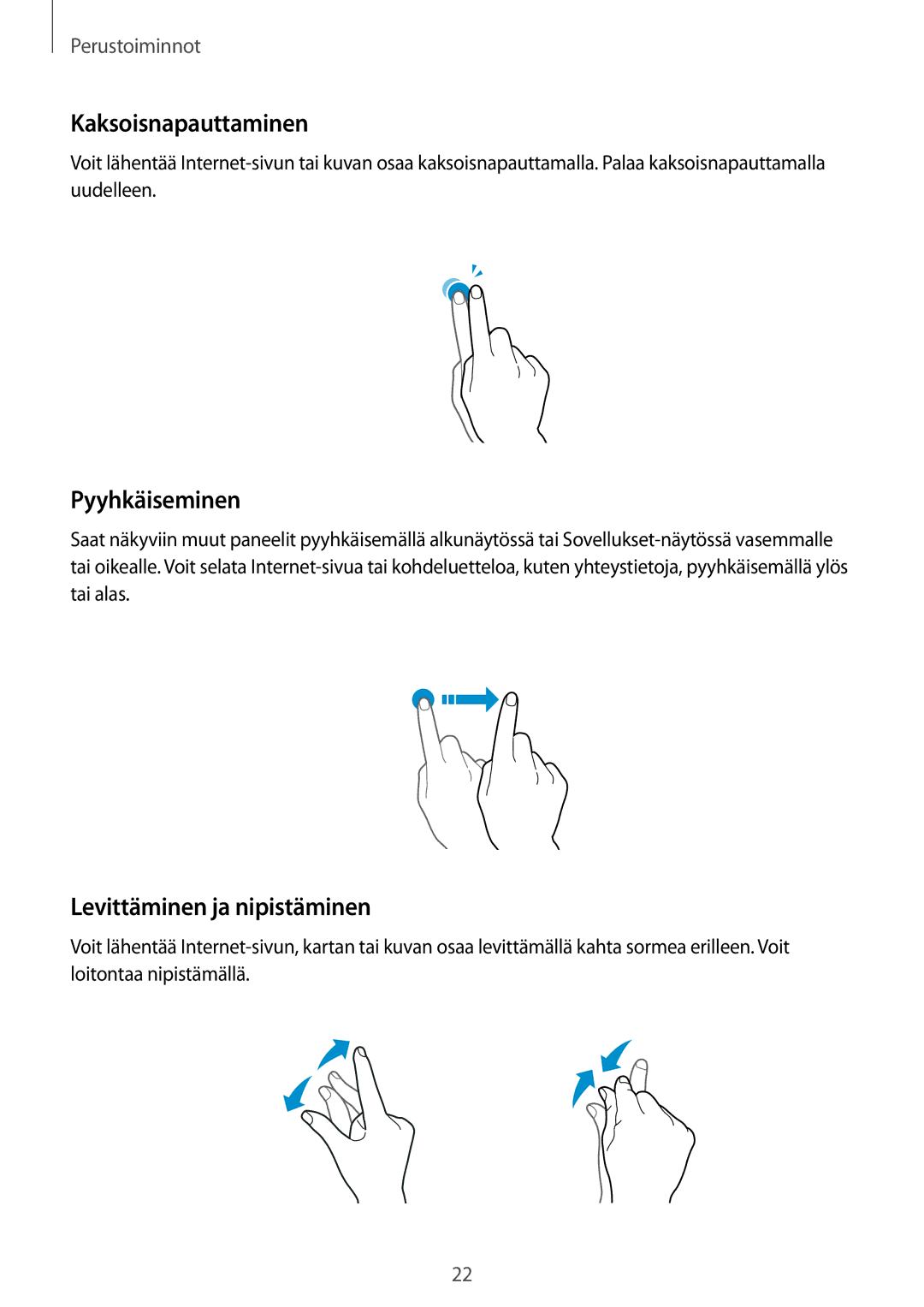 Samsung SM-G389FDSANEE manual Kaksoisnapauttaminen, Pyyhkäiseminen, Levittäminen ja nipistäminen 