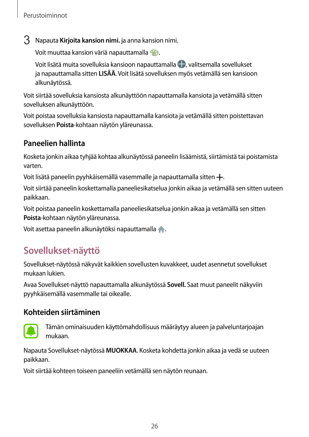 Samsung SM-G389FDSANEE manual Sovellukset-näyttö, Paneelien hallinta 