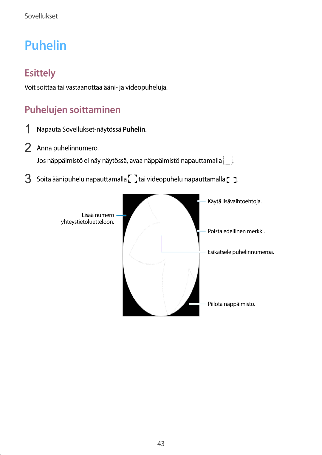 Samsung SM-G389FDSANEE manual Puhelin, Puhelujen soittaminen 