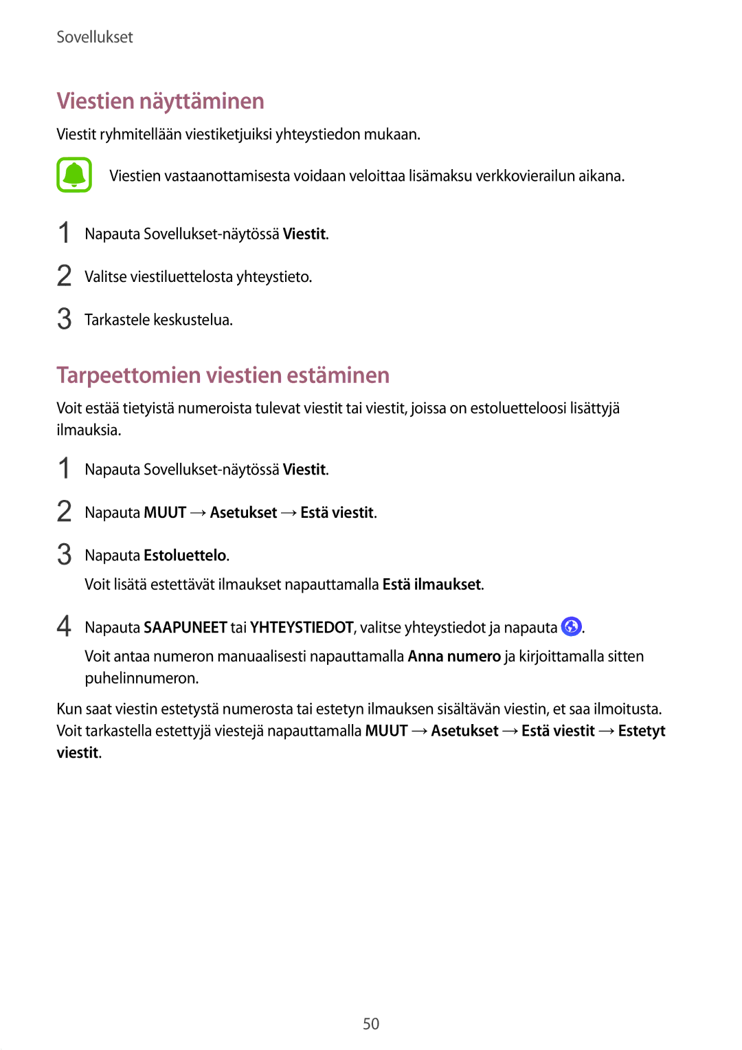 Samsung SM-G389FDSANEE manual Viestien näyttäminen, Tarpeettomien viestien estäminen, Viestit 