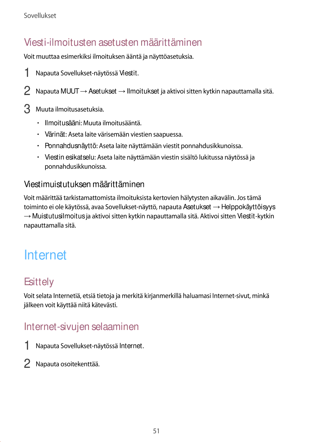 Samsung SM-G389FDSANEE manual Viesti-ilmoitusten asetusten määrittäminen, Internet-sivujen selaaminen 