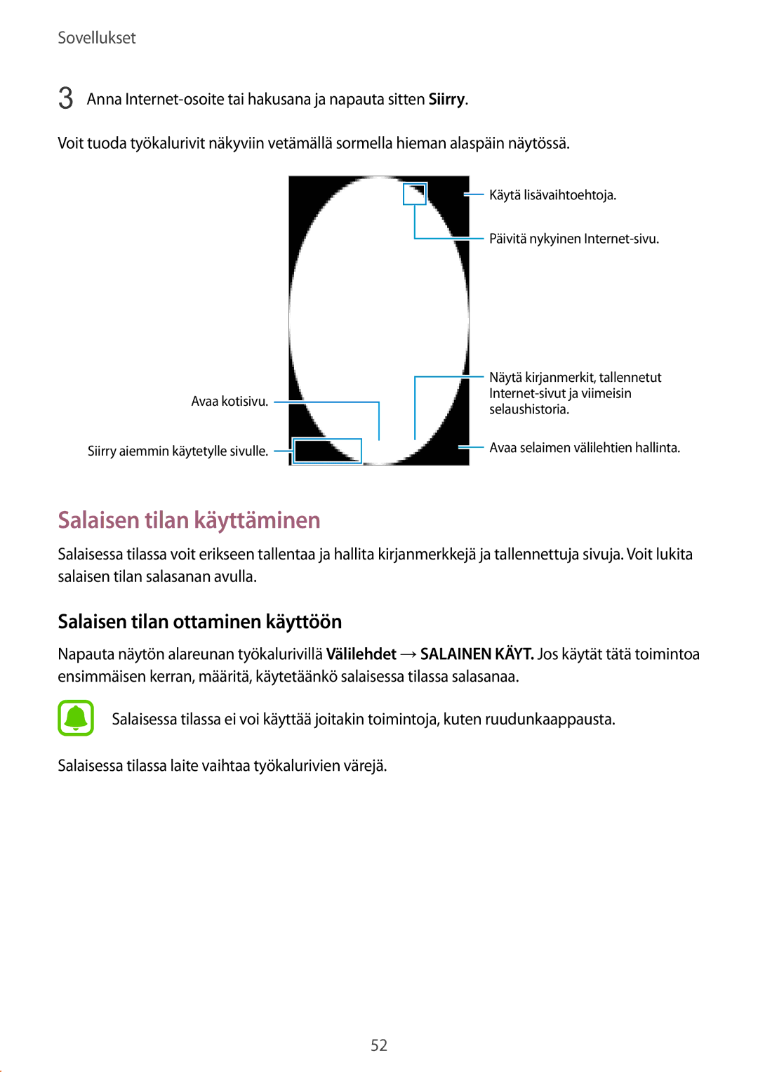 Samsung SM-G389FDSANEE manual Salaisen tilan käyttäminen, Salaisen tilan ottaminen käyttöön 