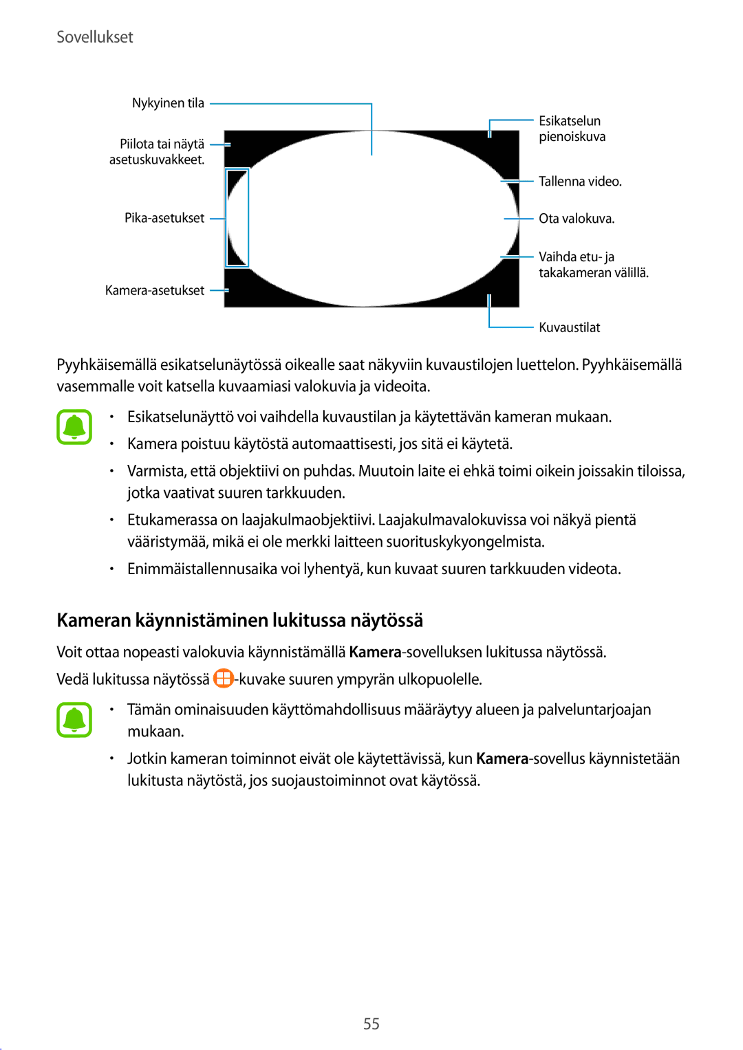 Samsung SM-G389FDSANEE manual Kameran käynnistäminen lukitussa näytössä 