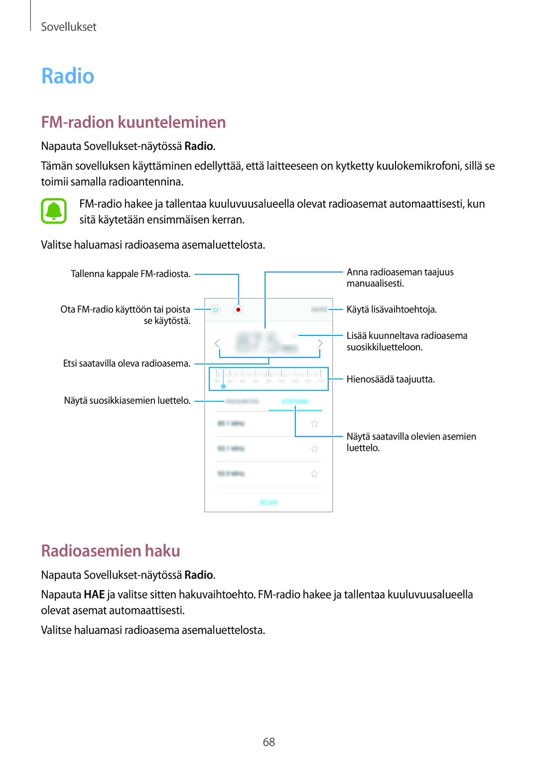 Samsung SM-G389FDSANEE manual FM-radion kuunteleminen, Radioasemien haku 