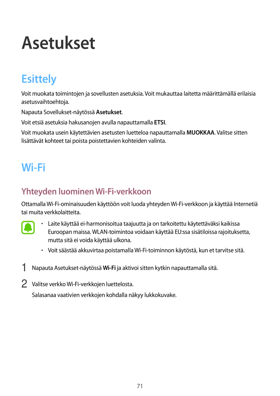 Samsung SM-G389FDSANEE manual Esittely, Yhteyden luominen Wi-Fi-verkkoon 