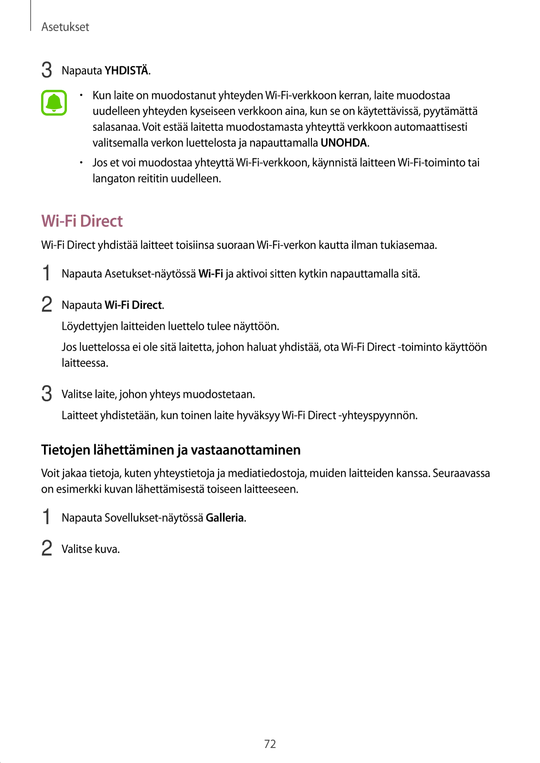 Samsung SM-G389FDSANEE manual Tietojen lähettäminen ja vastaanottaminen, Napauta Wi-Fi Direct 