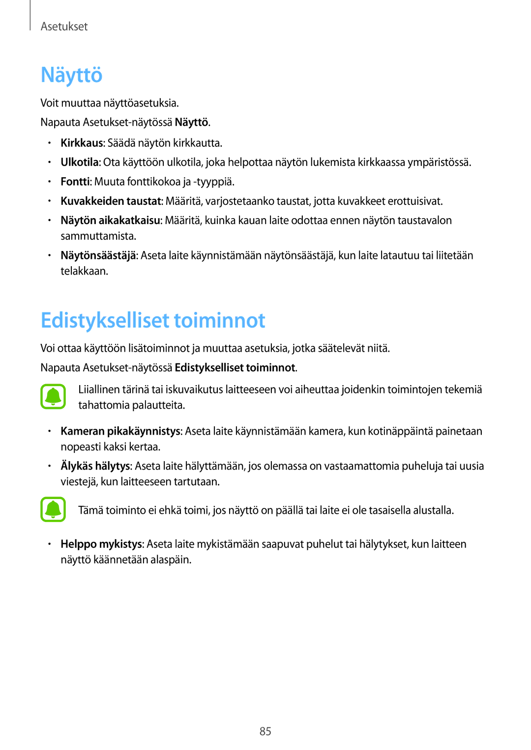 Samsung SM-G389FDSANEE manual Näyttö, Edistykselliset toiminnot 