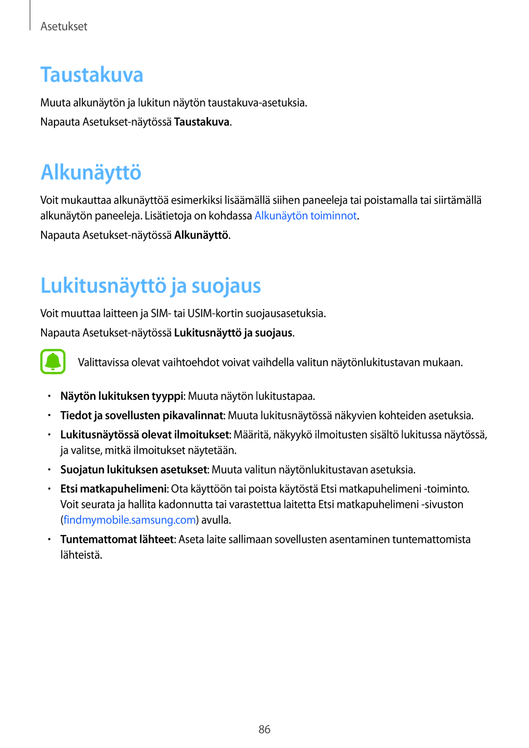 Samsung SM-G389FDSANEE manual Taustakuva, Lukitusnäyttö ja suojaus 