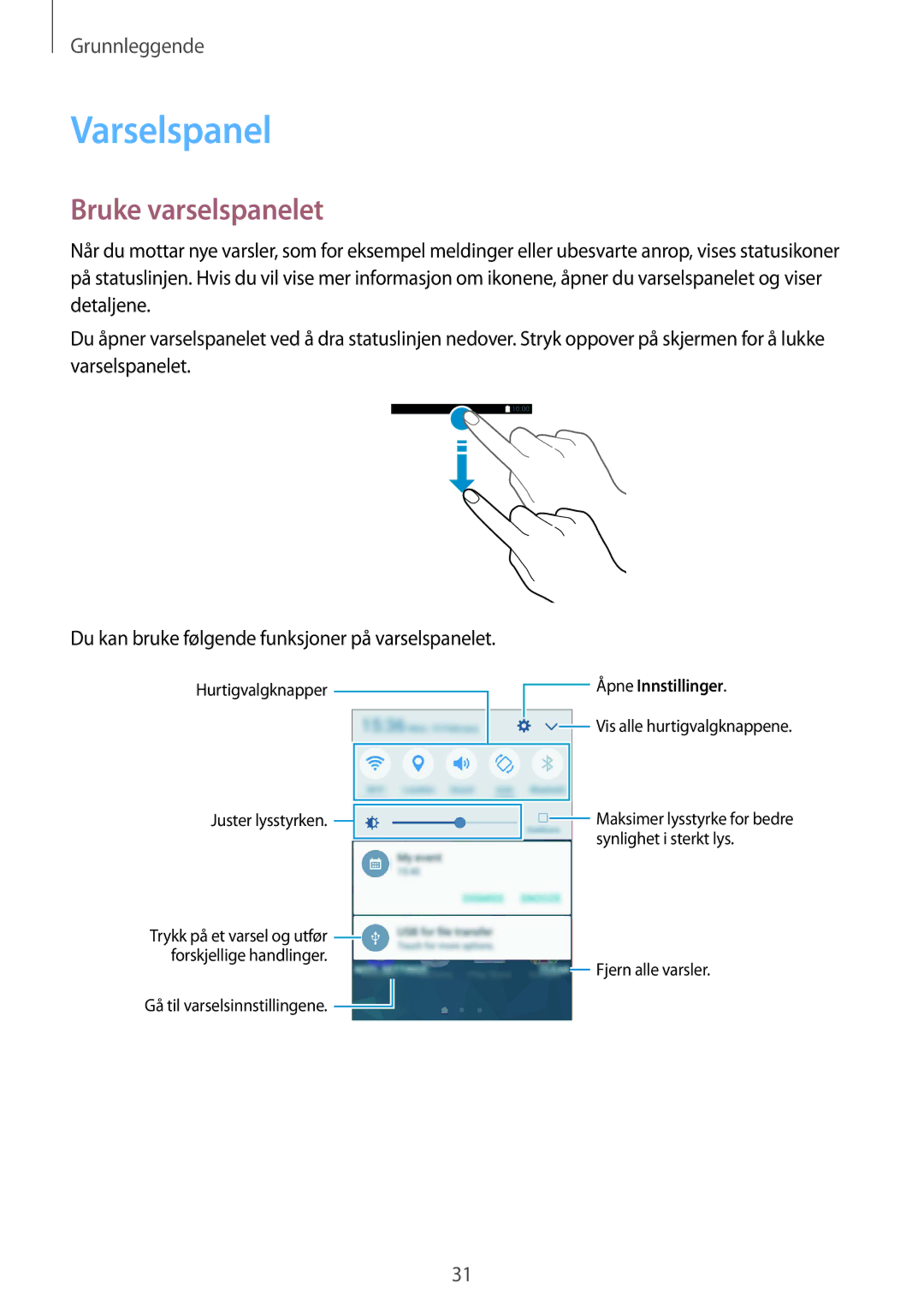 Samsung SM-G389FDSANEE manual Varselspanel, Bruke varselspanelet 