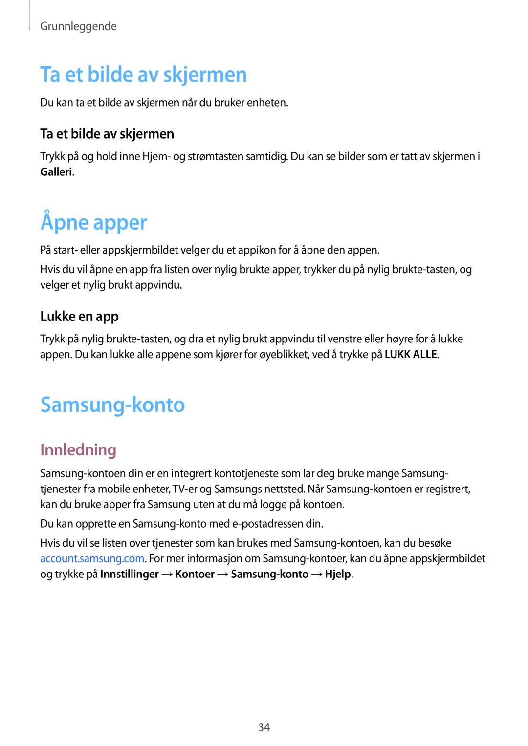 Samsung SM-G389FDSANEE manual Ta et bilde av skjermen, Åpne apper, Samsung-konto, Innledning 
