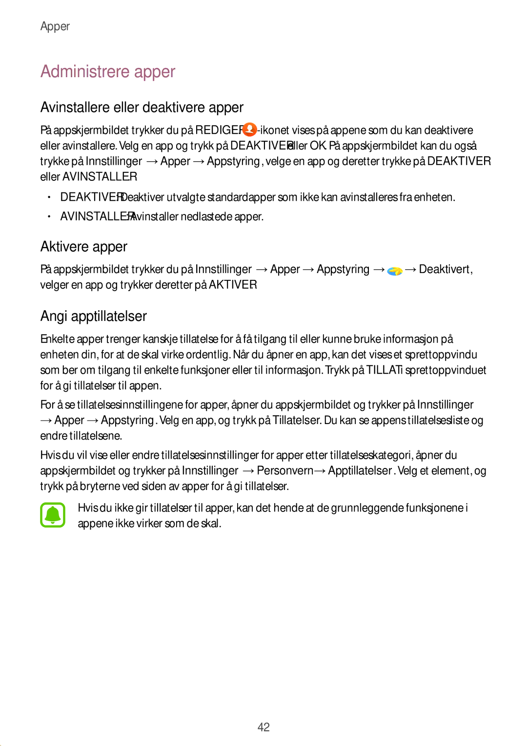 Samsung SM-G389FDSANEE manual Administrere apper, Avinstallere eller deaktivere apper, Aktivere apper, Angi apptillatelser 