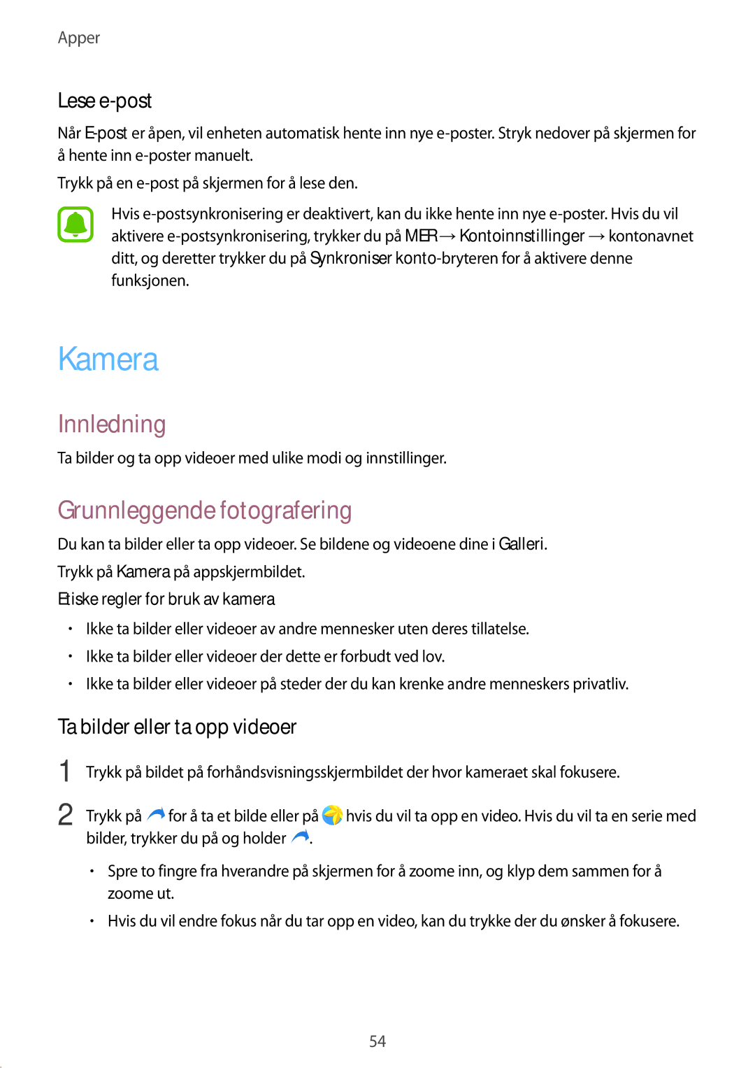 Samsung SM-G389FDSANEE manual Kamera, Grunnleggende fotografering, Lese e-post, Ta bilder eller ta opp videoer 