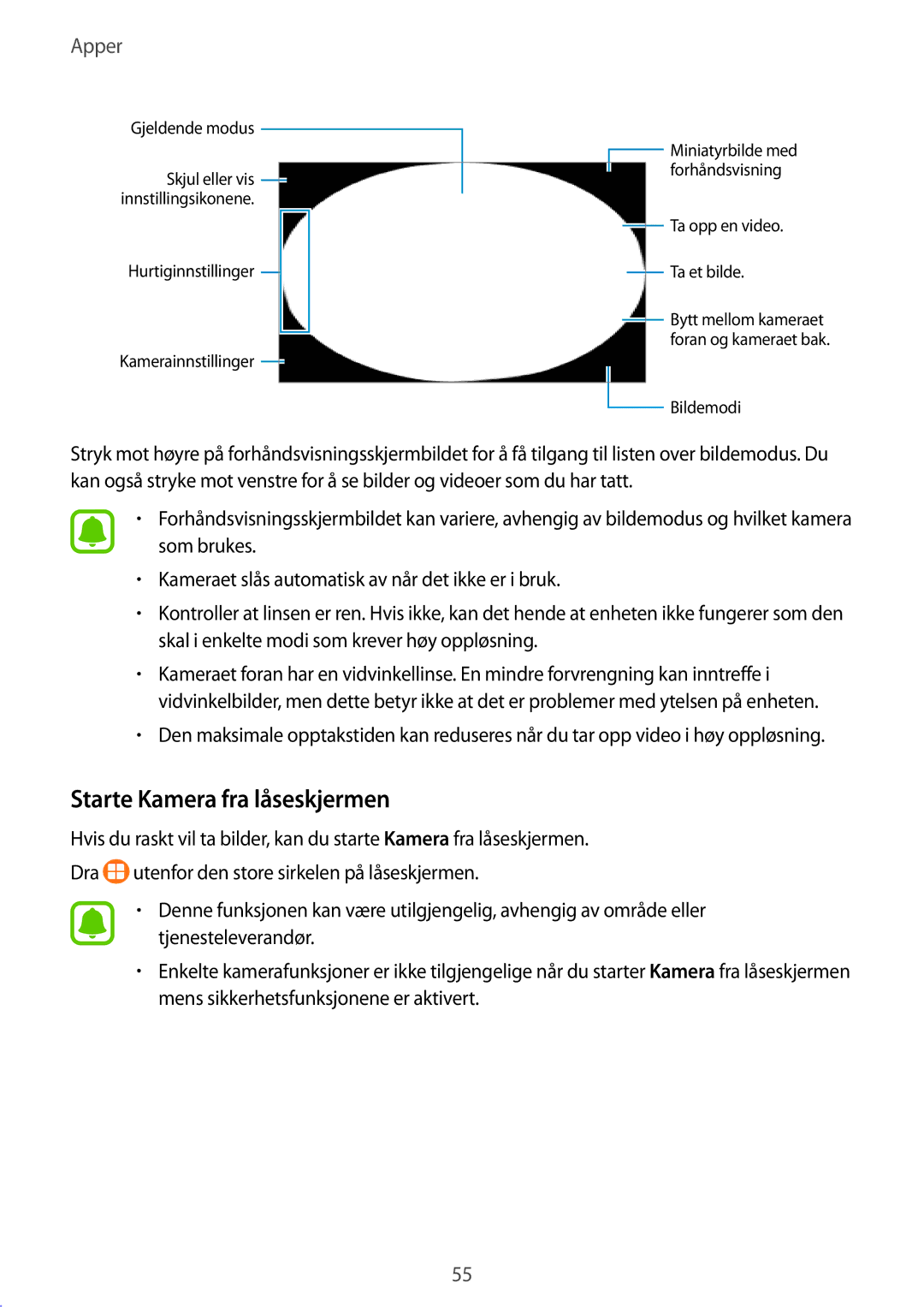 Samsung SM-G389FDSANEE manual Starte Kamera fra låseskjermen 