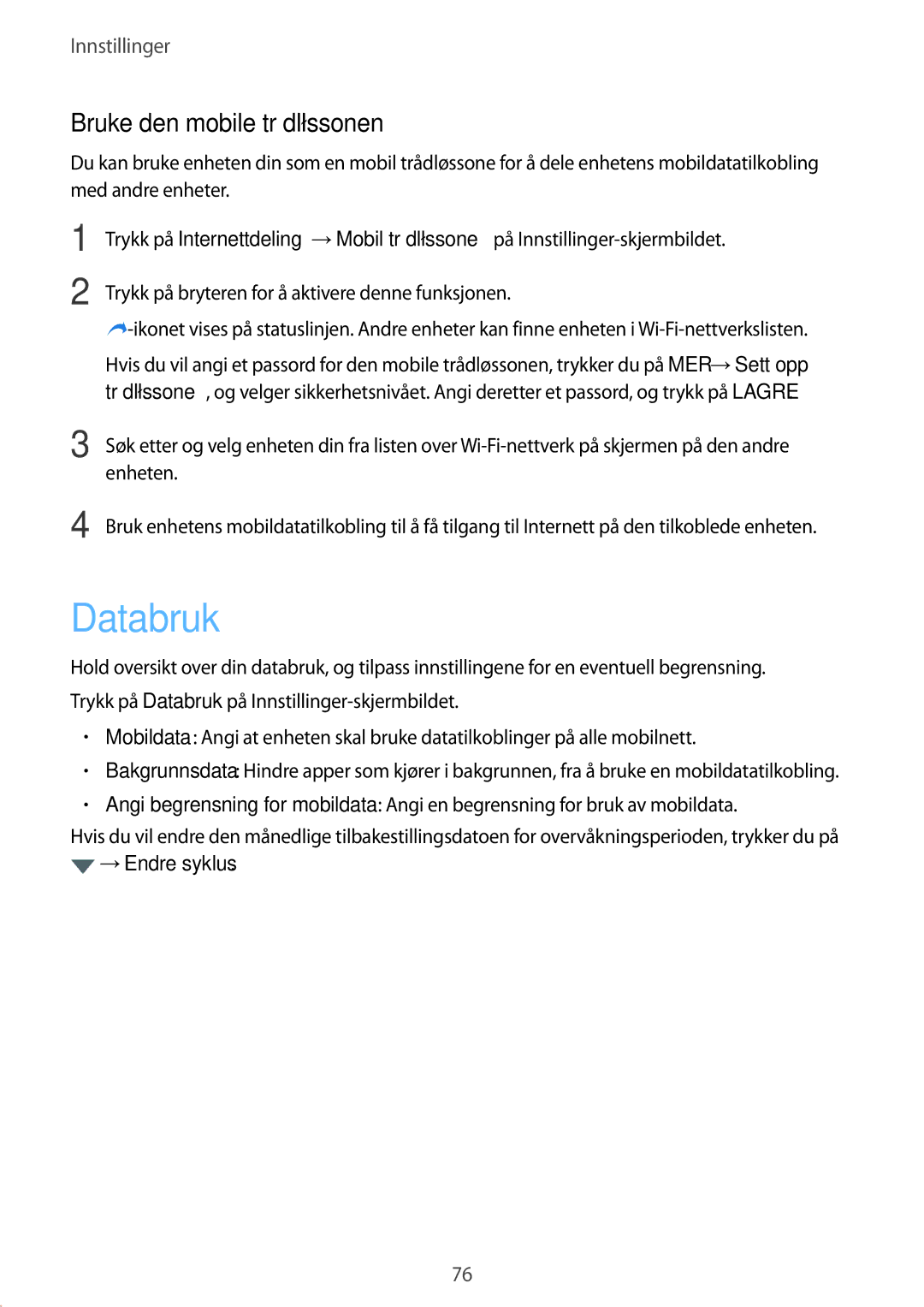 Samsung SM-G389FDSANEE manual Databruk, Bruke den mobile trådløssonen, Enheten 