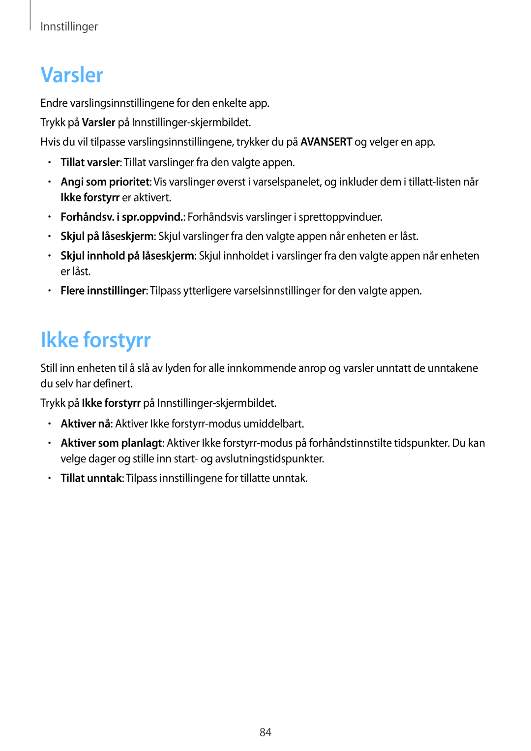 Samsung SM-G389FDSANEE manual Varsler, Ikke forstyrr 