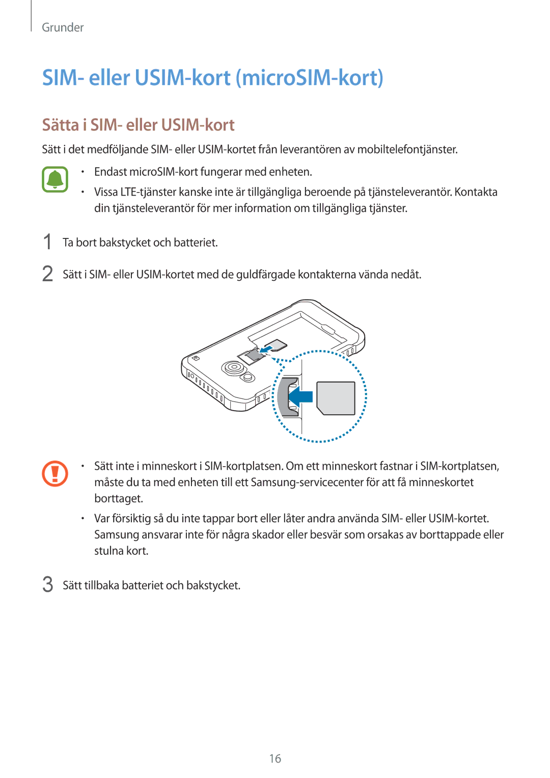 Samsung SM-G389FDSANEE manual SIM- eller USIM-kort microSIM-kort, Sätta i SIM- eller USIM-kort 