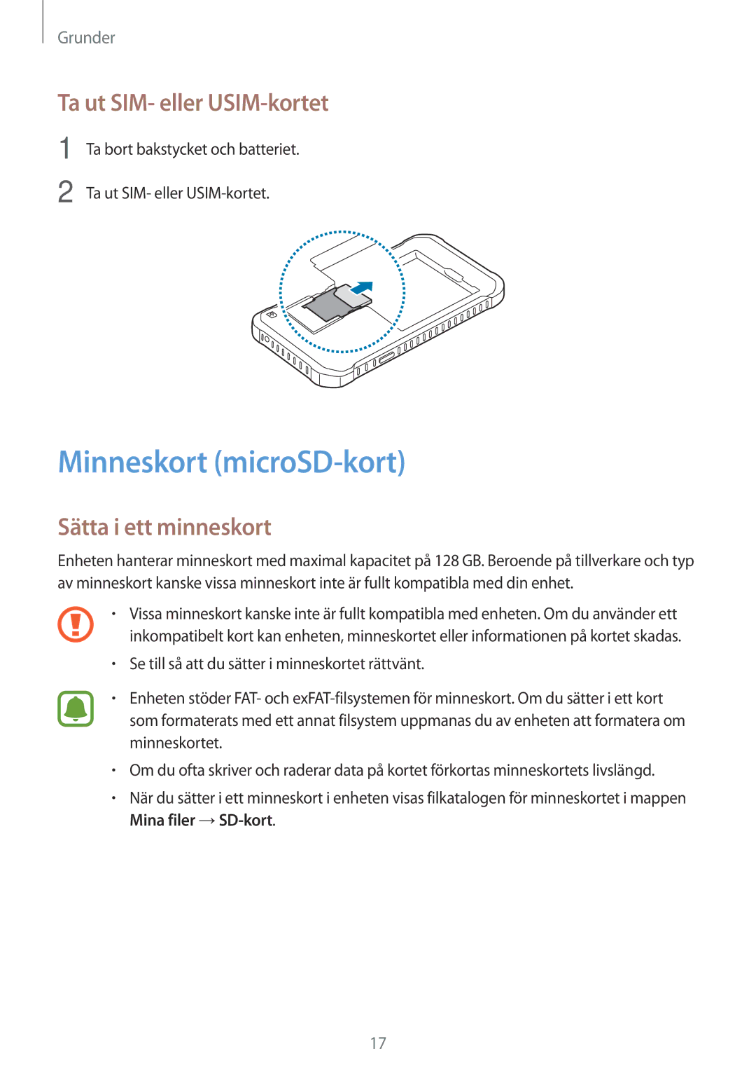 Samsung SM-G389FDSANEE manual Minneskort microSD-kort, Ta ut SIM- eller USIM-kortet, Sätta i ett minneskort 